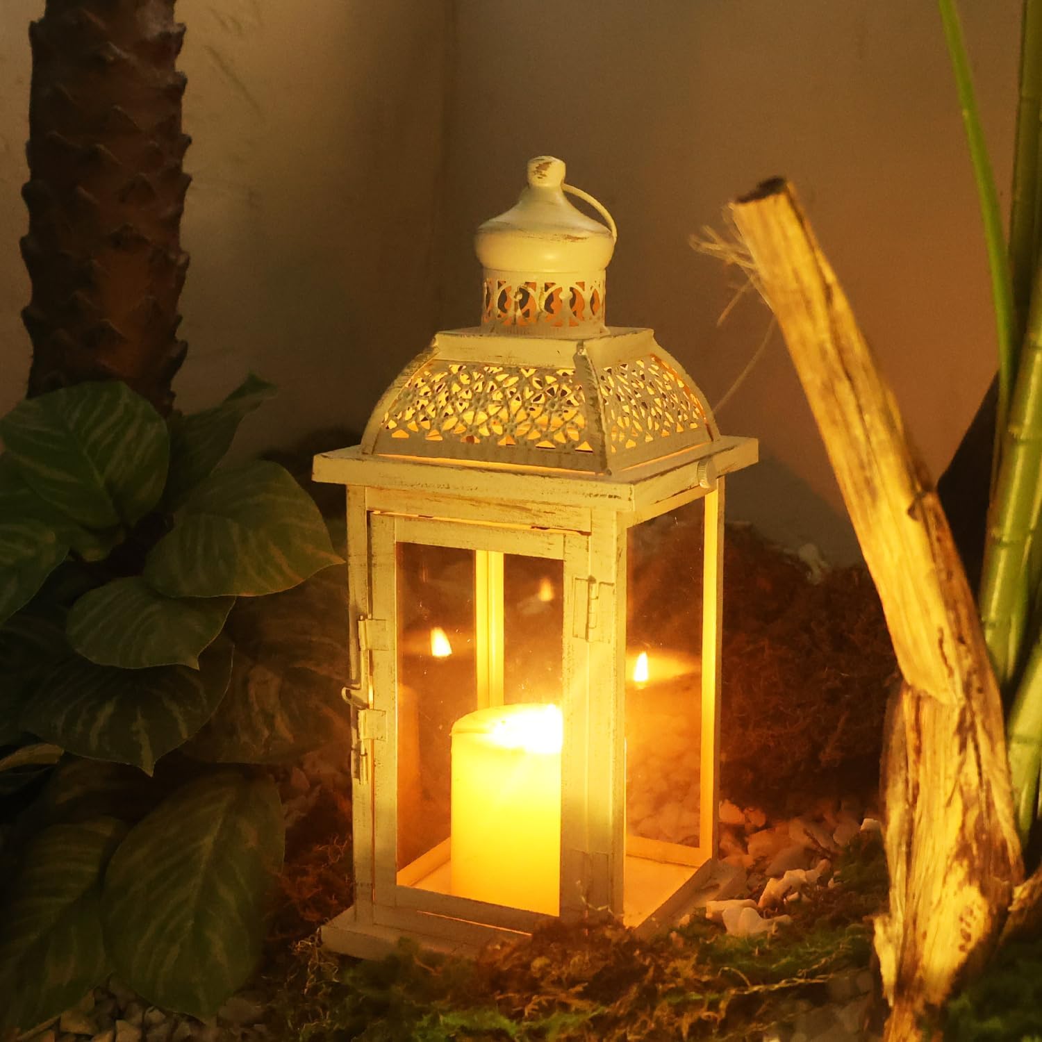 DECORKEY Lantern Decorative Indoor&Outdoor, 14.4'' Large Metal Candle Lanterns, Vintage Hanging Candle Holders Farmhouse Shelf Wedding Front Porch Patio Decor, Christmas Halloween Decorations for Home