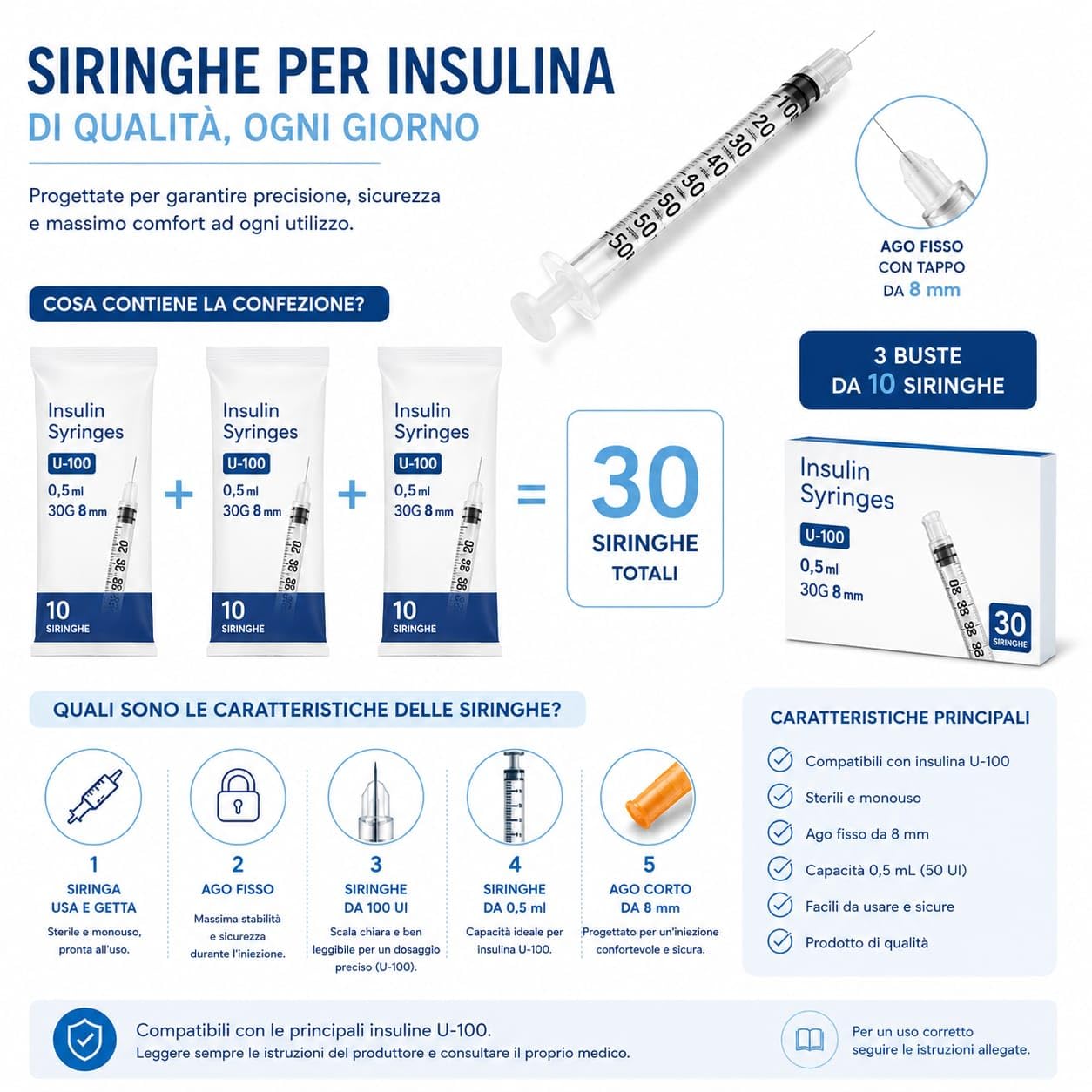 Siringhe per Insulina, U-100 - 0,5 mL - (50 UI) - con Ago fisso da 8mm - Sterili Monouso - Confezione da 30 siringhe (3 buste da 10). Marchio Made in Italy.