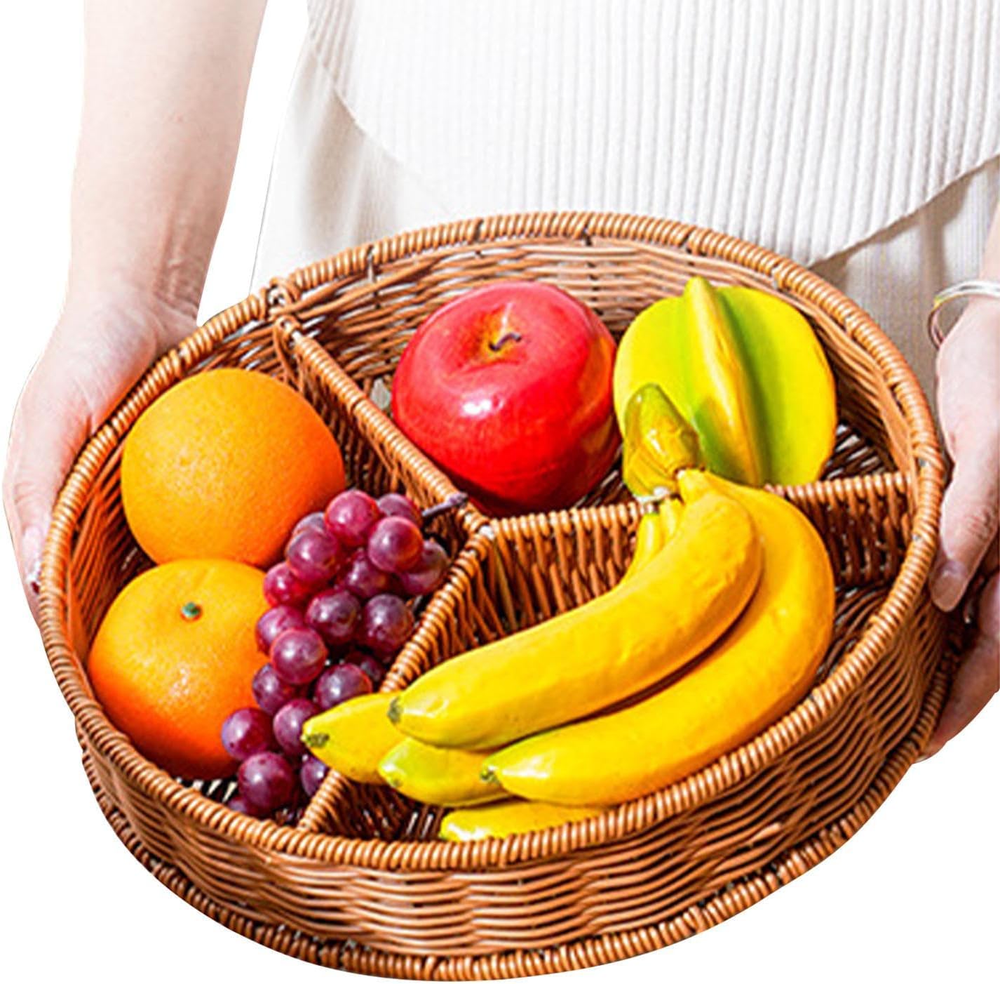 Fabric Tray - Fruit Bowl, Willow , 3 Grid Round Serving Basket, Reusable Table Top Divider for Home Studio, Kitchen, Restaurants, Snacks, Storage Decoration Plate, Natural St