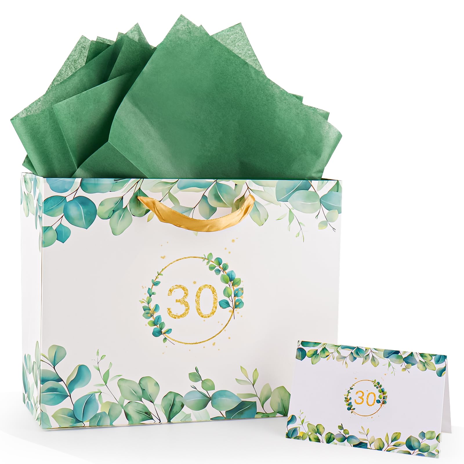 FUNCANDLE Eucalyptus Leaves 30th Birthday Gift Bag, 13" with Card and Tissue Papers Large Floral Paper Gift Tote with Gold Handle for 30th Birthday, Wedding Anniversary Party Favor Packaging