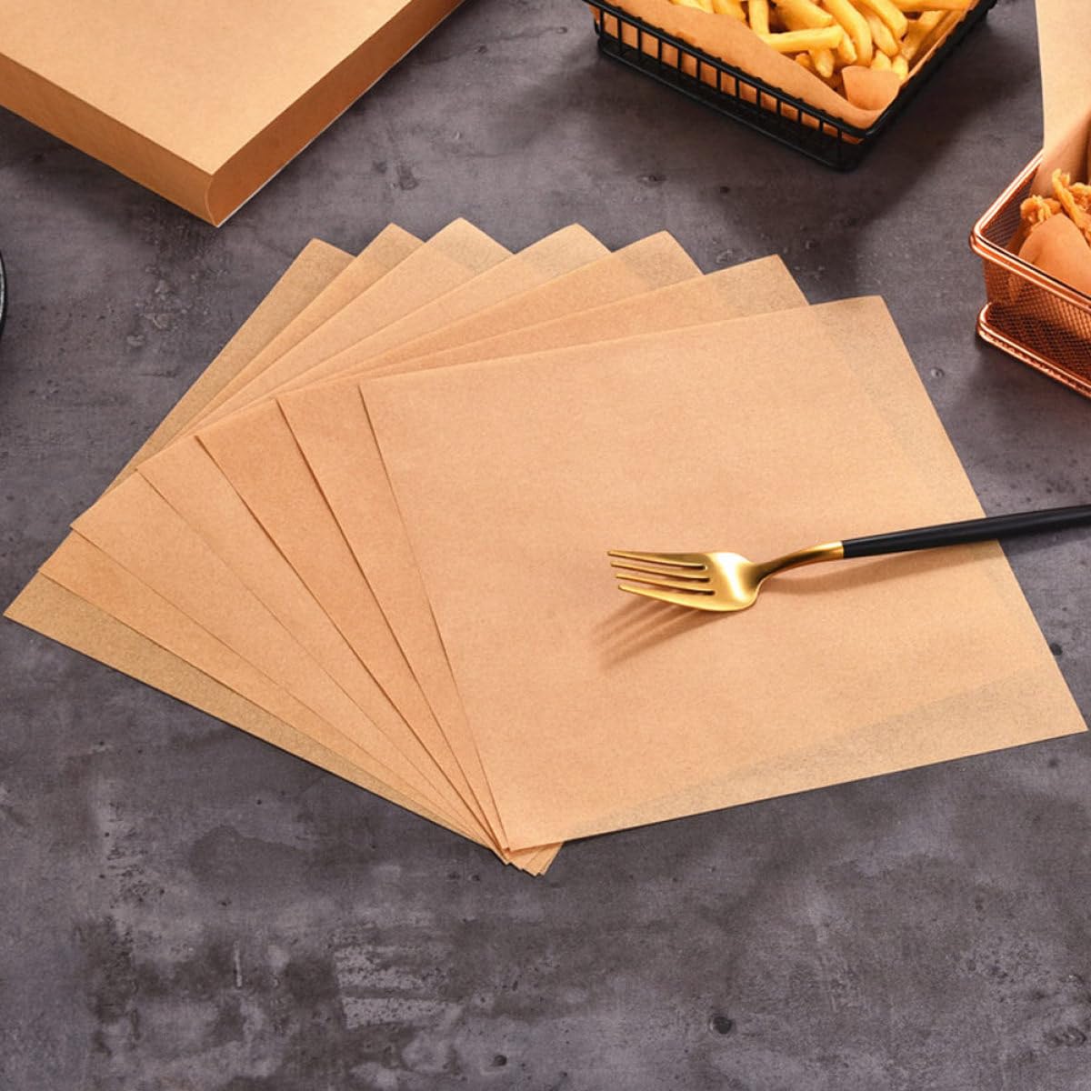 Papel Absorbente de Aceite para Freír 20x20 Cm, Papel para Hornear Resistente al Calor, Color Marrón Natural, 500 Hojas para Snacks y Catering, Tapete para Refrigerios y Frituras