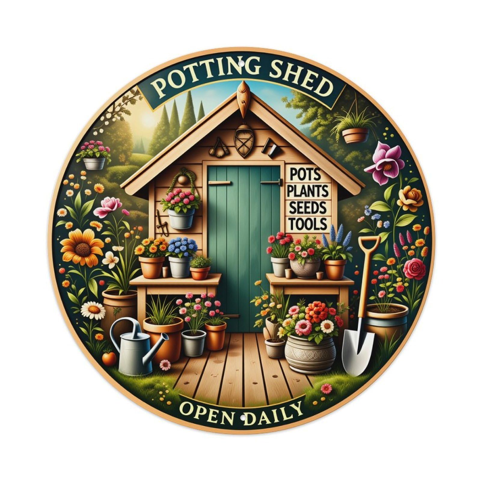 Potting Shed Garden Scene Round Tin Sign Vintage Metal Poster Retro Bar, Home, Man Cave, Kitchen, Laundry Room Wall Art Decor Gift 8x8In