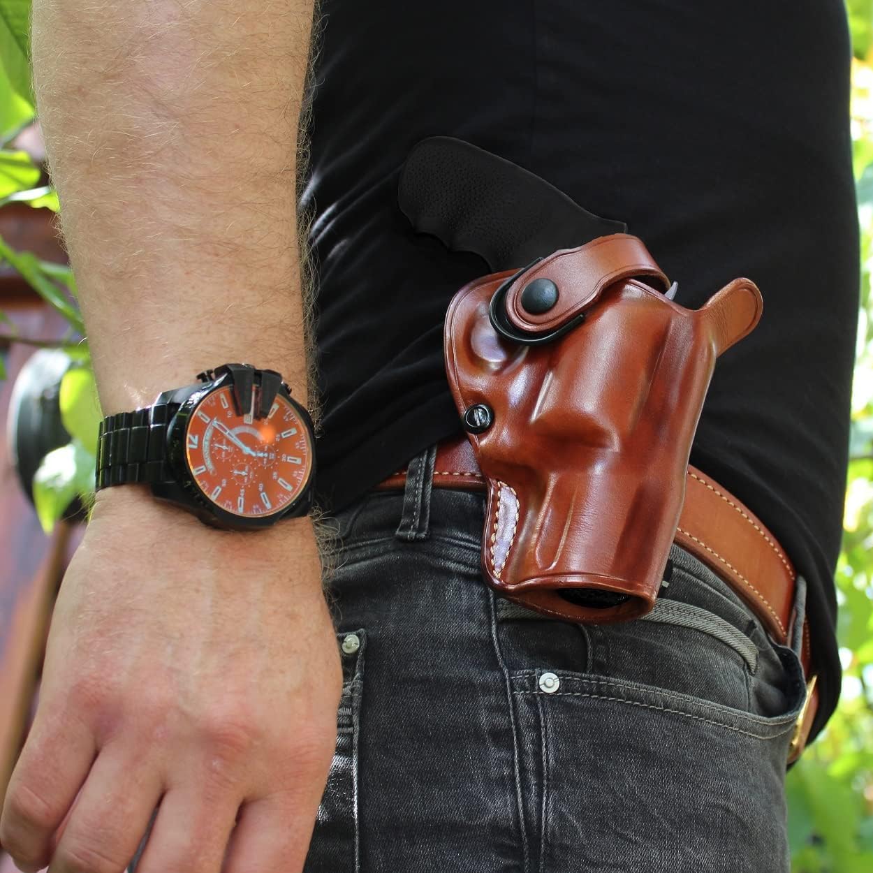 Masc OWB Leather Paddle Revolver Holster with Retention Strap, Fits Python .357 Magnum 3-inch, Right Hand Draw, Brown #1303#