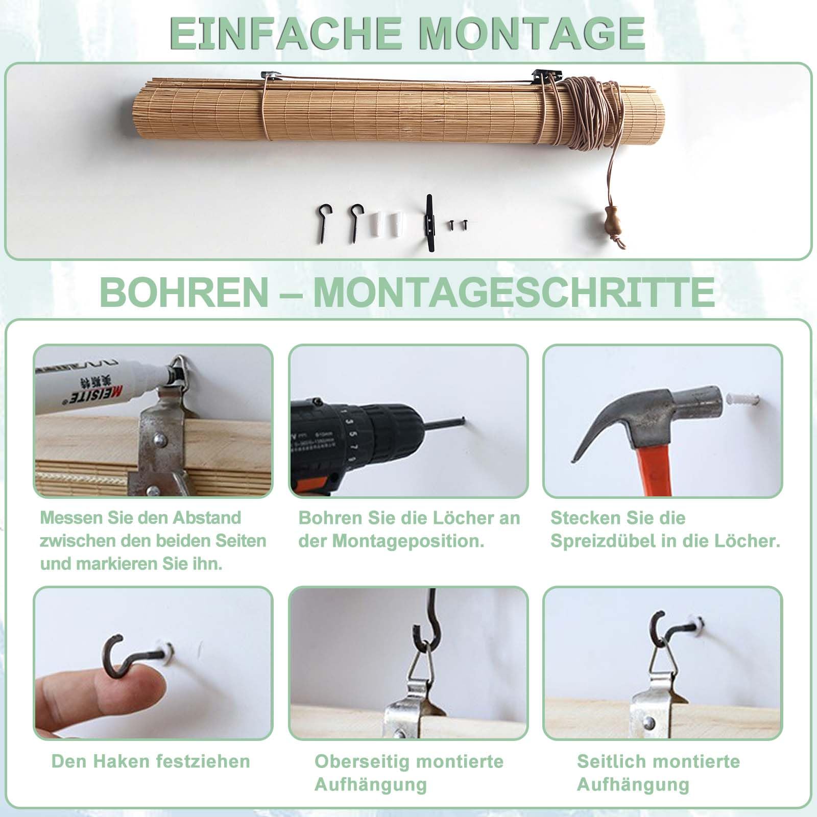Bambusrollo Aussenbereich 60x200cm, Sonnenschutz Bambus Jalousie Inkl Montaematerial Holz Jalousie für Fenster und Türen - 60x200cm