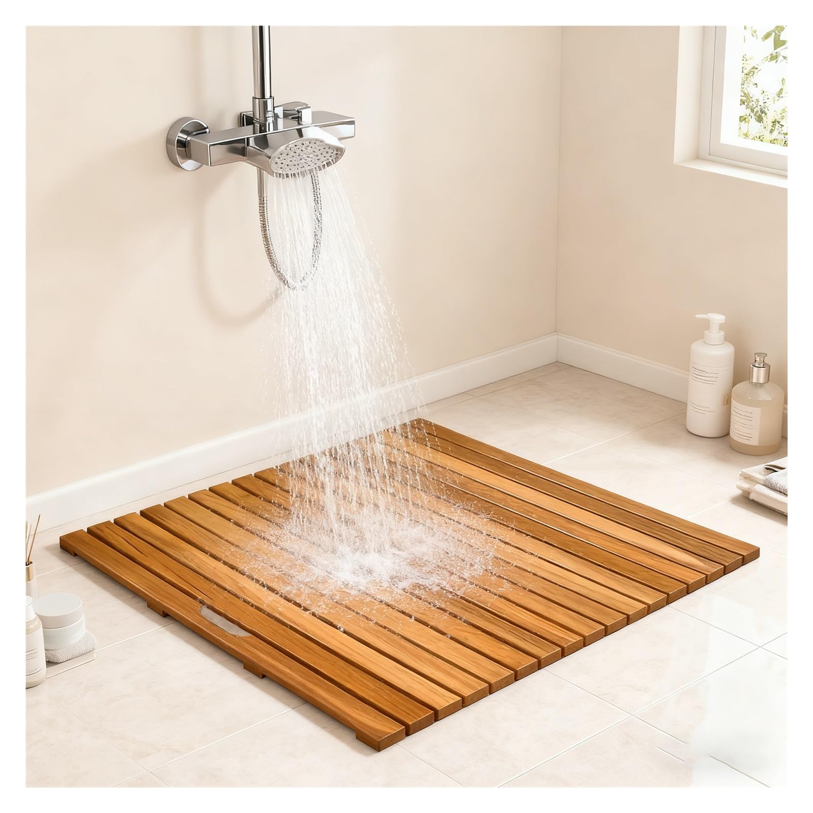 Generisch Große quadratische Teak-Duschmatte 40x40 24x24 36x36 30 x 30 31 x 31 32x32 28 Zoll, rutschfeste Holzbadematten für Badezimmerboden/Dusche/Spa im Außenbereich, erhöhte Lattenplattfo