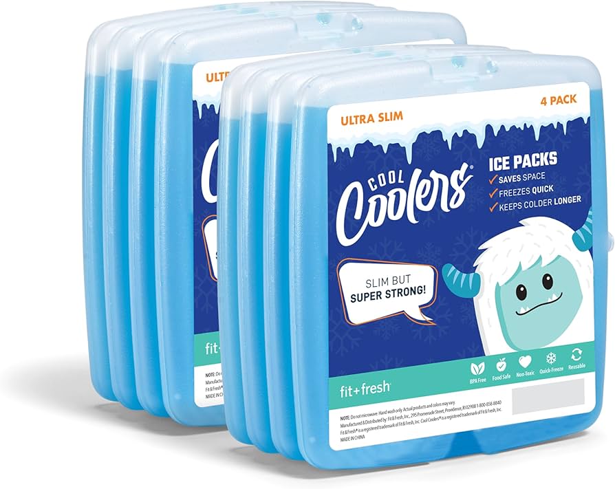 Cool Coolers By Fit & Fresh 8 Pack Slim Ice Packs, Quick Freeze Space Saving Reusable Ice Packs for Lunch Boxes or Coolers, Clear Blue Kids Ice, 8 Pack