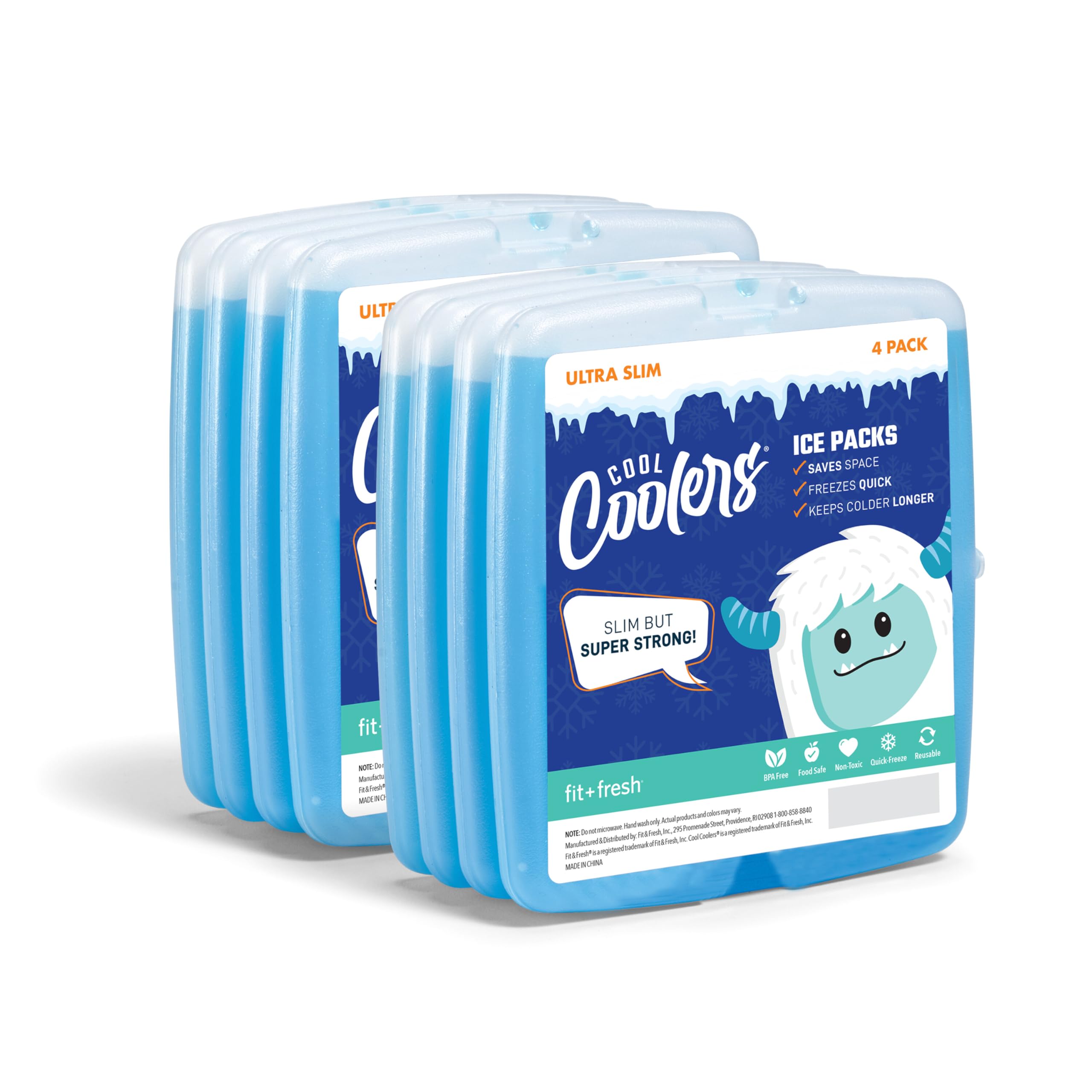 Cool Coolers By Fit & Fresh 8 Pack Slim Ice Packs, Quick Freeze Space Saving Reusable Ice Packs for Lunch Boxes or Coolers, Clear Blue Kids Ice, 8 Pack