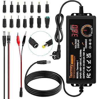 Taormer 3V-36V Adjustable Power Supply Universal Power Supply Adapter 2A 72W Adjustable Power Adapter 100V-240V AC to DC with LED Voltage Display and 5.5 x 2.5 mm 16 Tips for Household Electronics DC Motor 2A