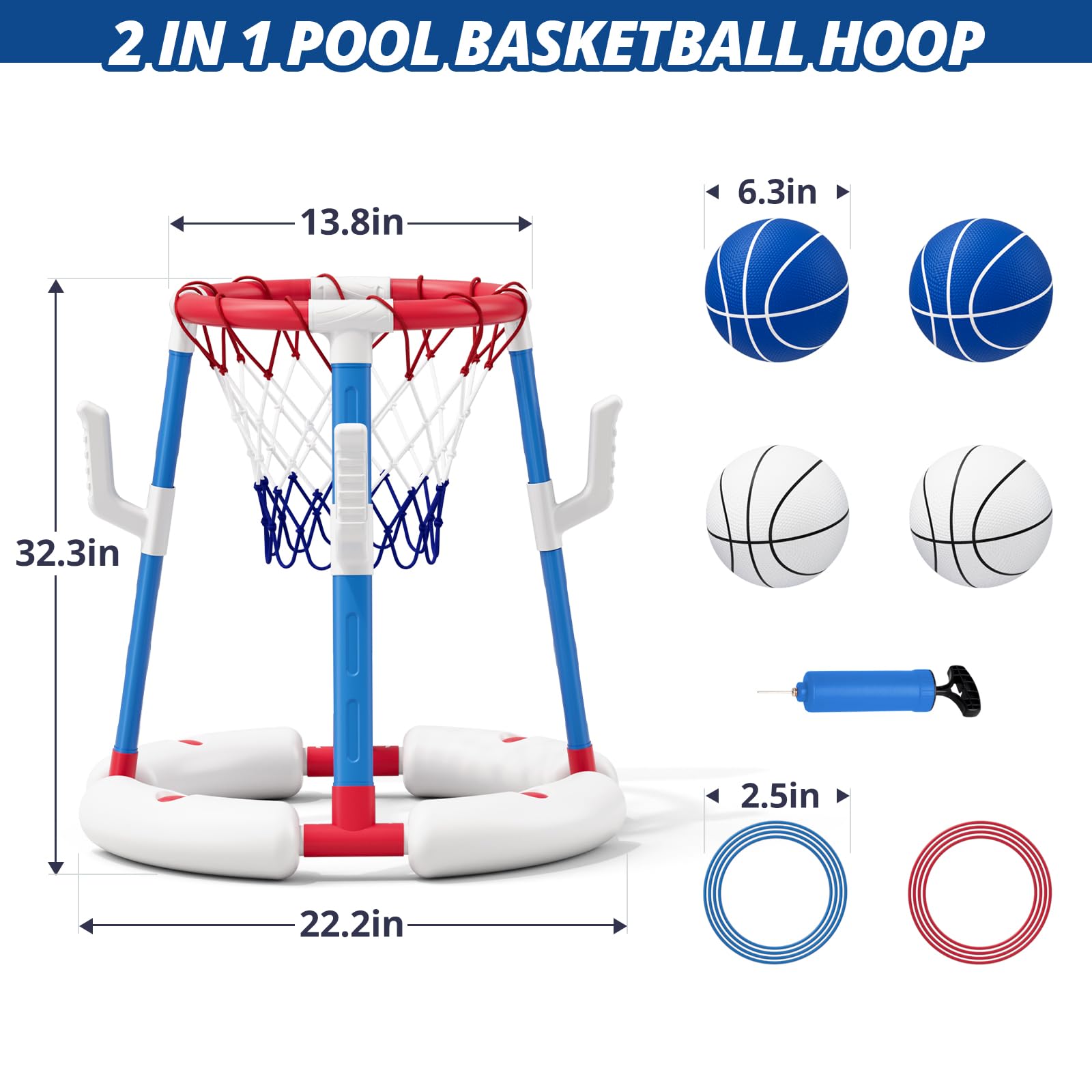 HYES Canasta de Baloncesto Piscina, Flotante Canasta Juguetes para Niños, Piscina de Baloncesto con 4 Bolas 8 Anillo, Juegos de Agua Interior y Exterior para Niños Adultos, Rojo