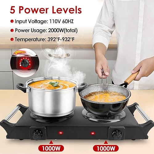 Miniatura 2 de Quemador doble eléctrico para encimera, placa de cocción de 2000 W con placa caliente de bobina y asas que se mantienen frescas, control de