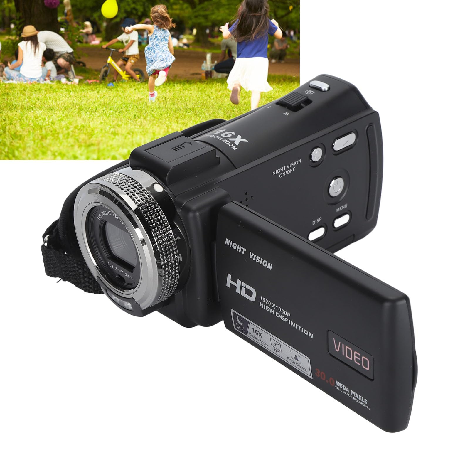 Videocamera Handycam con Registrazione Video HD, Schermo LCD TFT da 30 MP 1080P HD da 3 Pollici Zoom 16x Videocamera per Vlogging con Visione Notturna con Microfono Supporto per