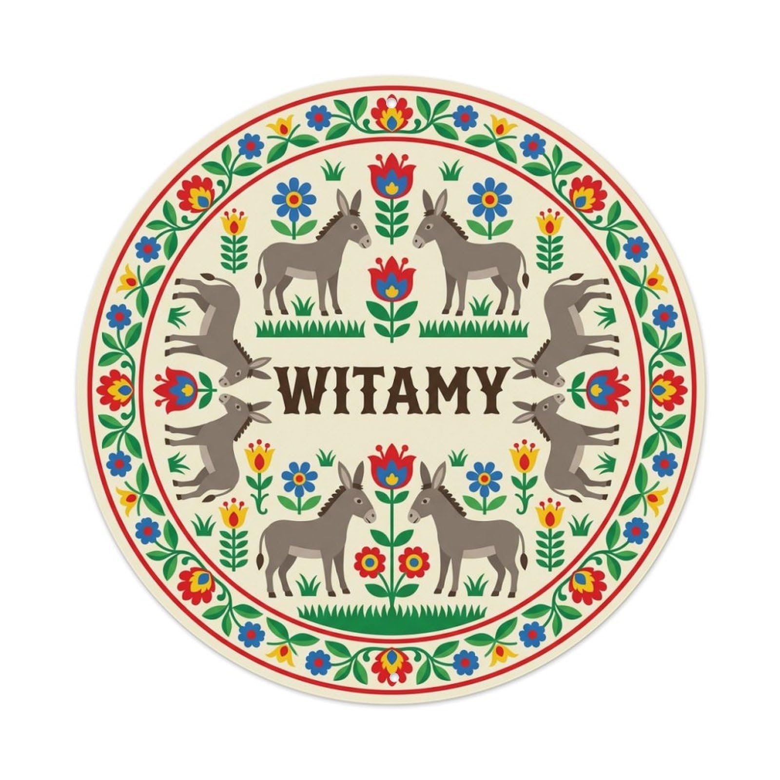 Fyrn Style Metal Tin Sign Vintage Polish Folk Art Witamy Welcome Donkey Field