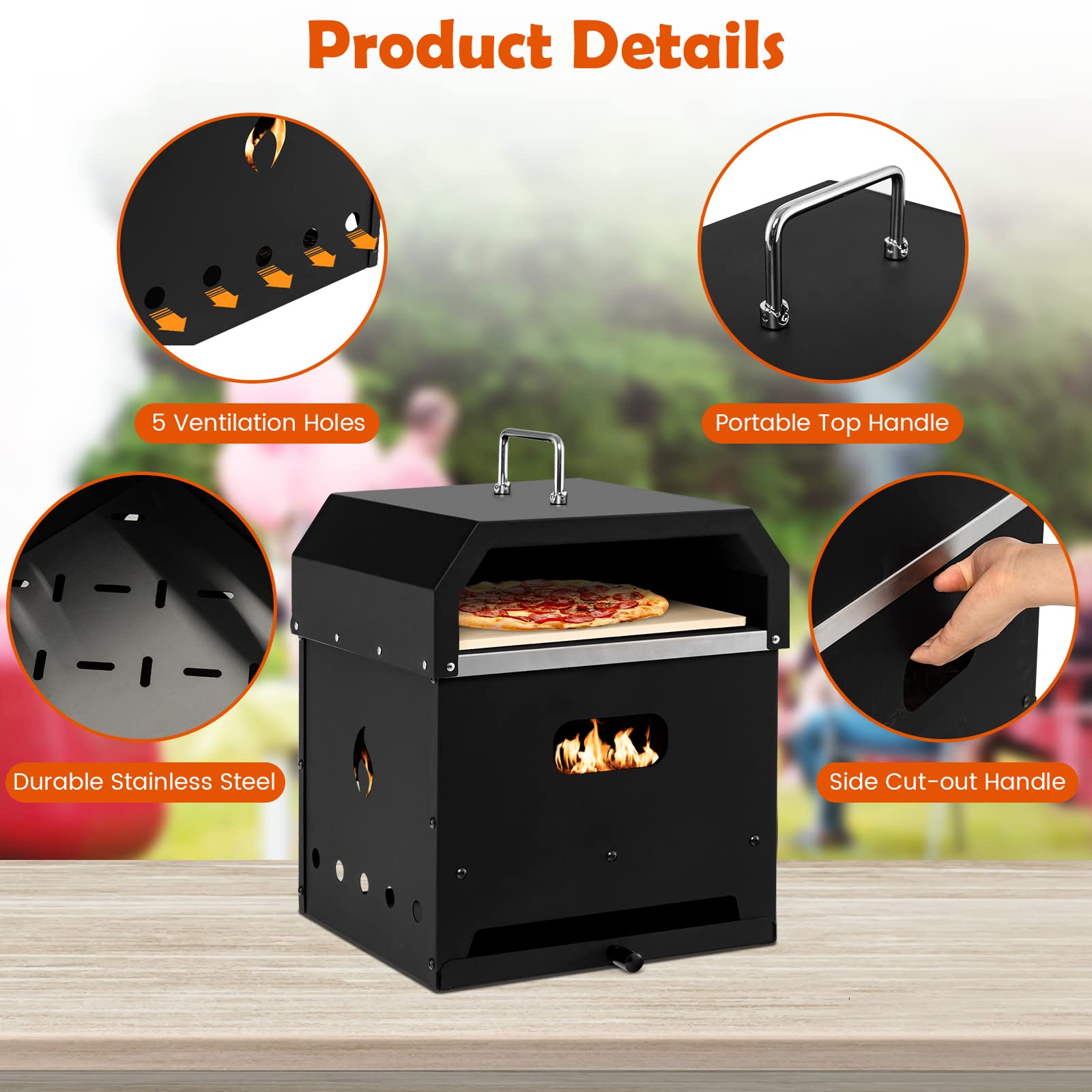 HAPPYGRILL Horno de pizza portátil 4 en 1, horno de pizza al aire libre y hoguera con piedra para pizza, pala para pizza, estante para parrilla, cubierta impermeable