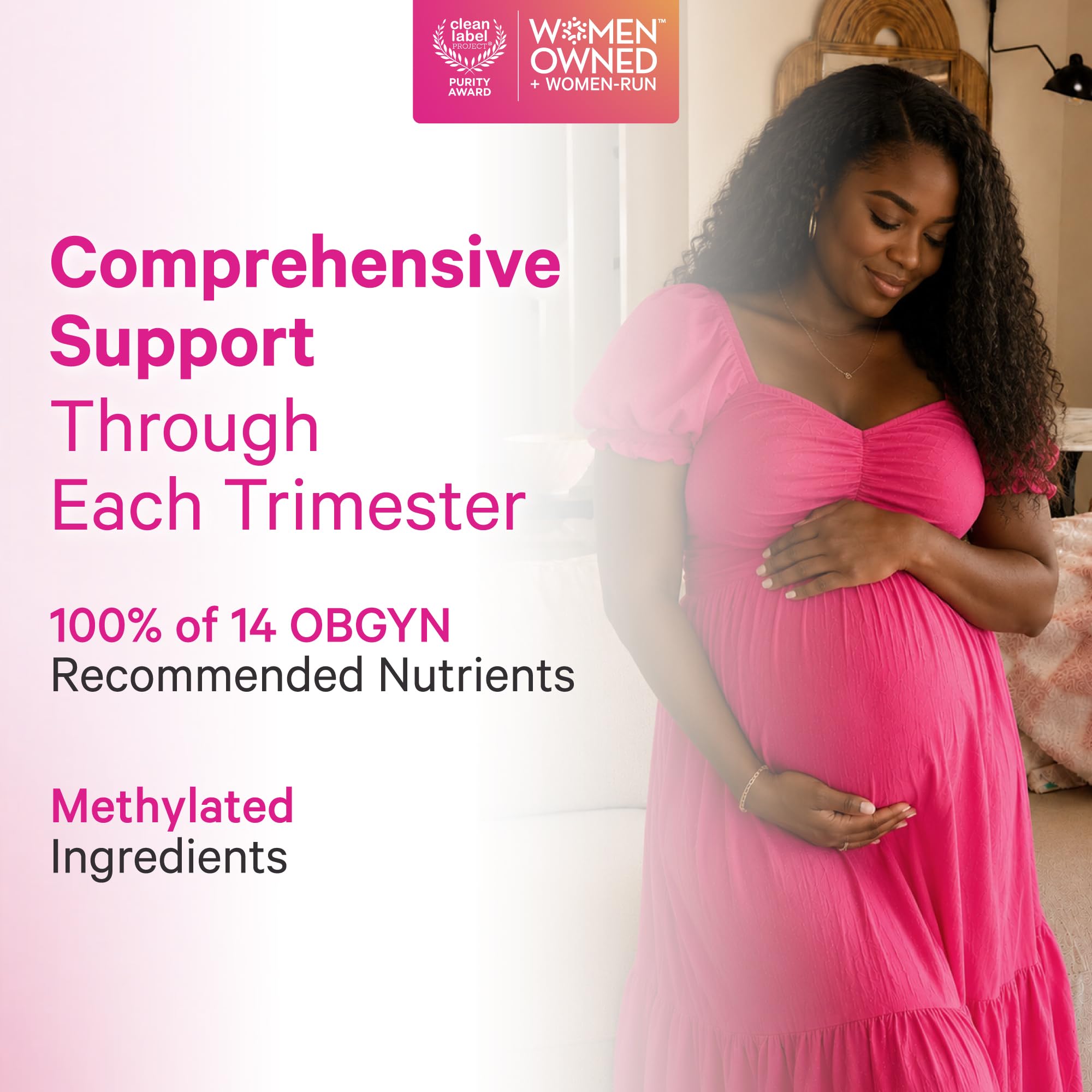 Pink Stork Total Prenatal + DHA, Vegan, No Fishy Burps, 60 Ct, Berry | Methylfolate, Vegan DHA, Non-Constipating Iron, Choline, Vitamin B12 | Clean Label Award, Gentle Stomach Formula, Made in USA
