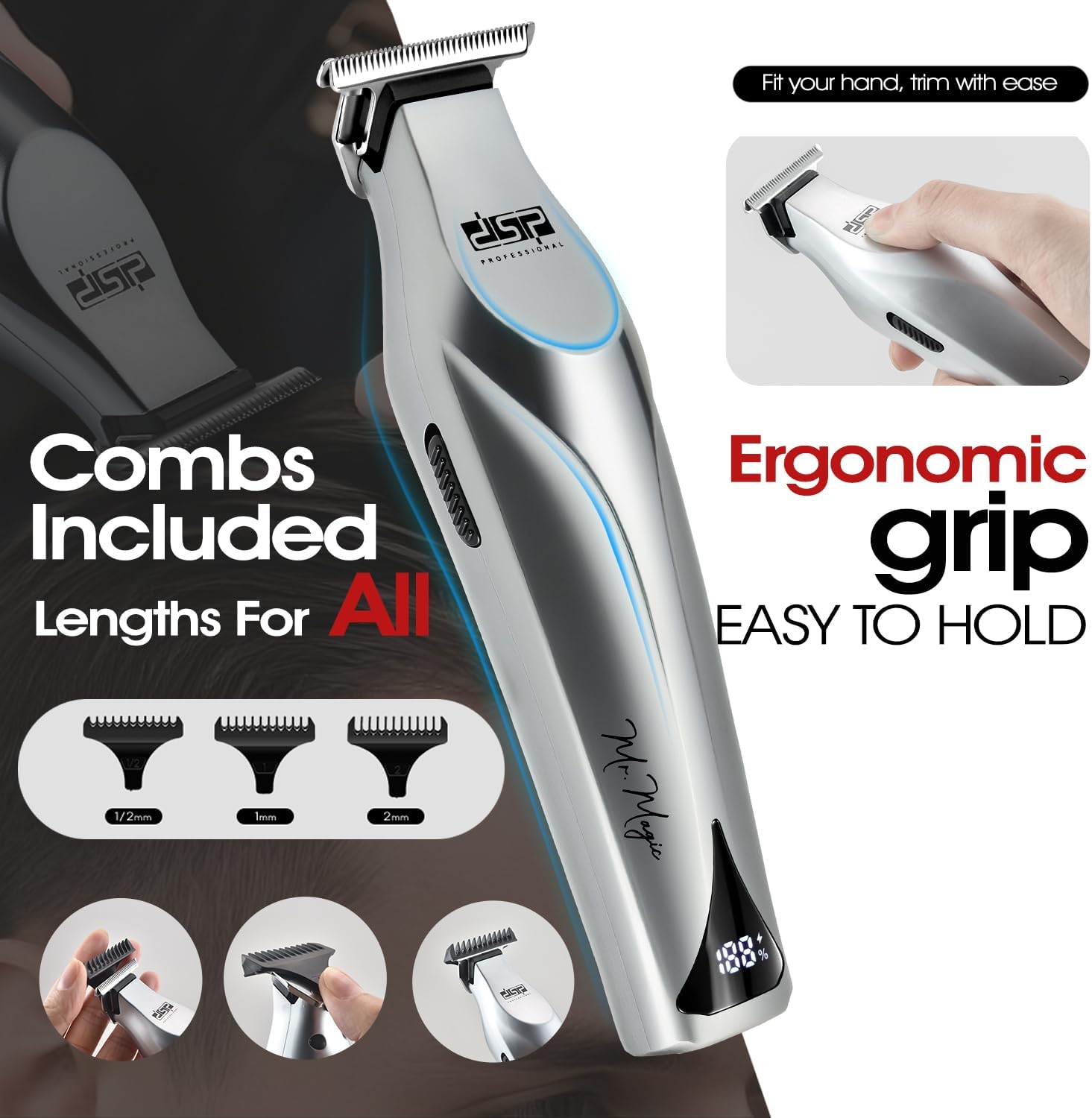 DSP Professional Trimmers for Barbers, T Blade Beard Trimmer for Men, Cordless Zinc Alloy Material Edgers Trimmer (Silver) - Image 2