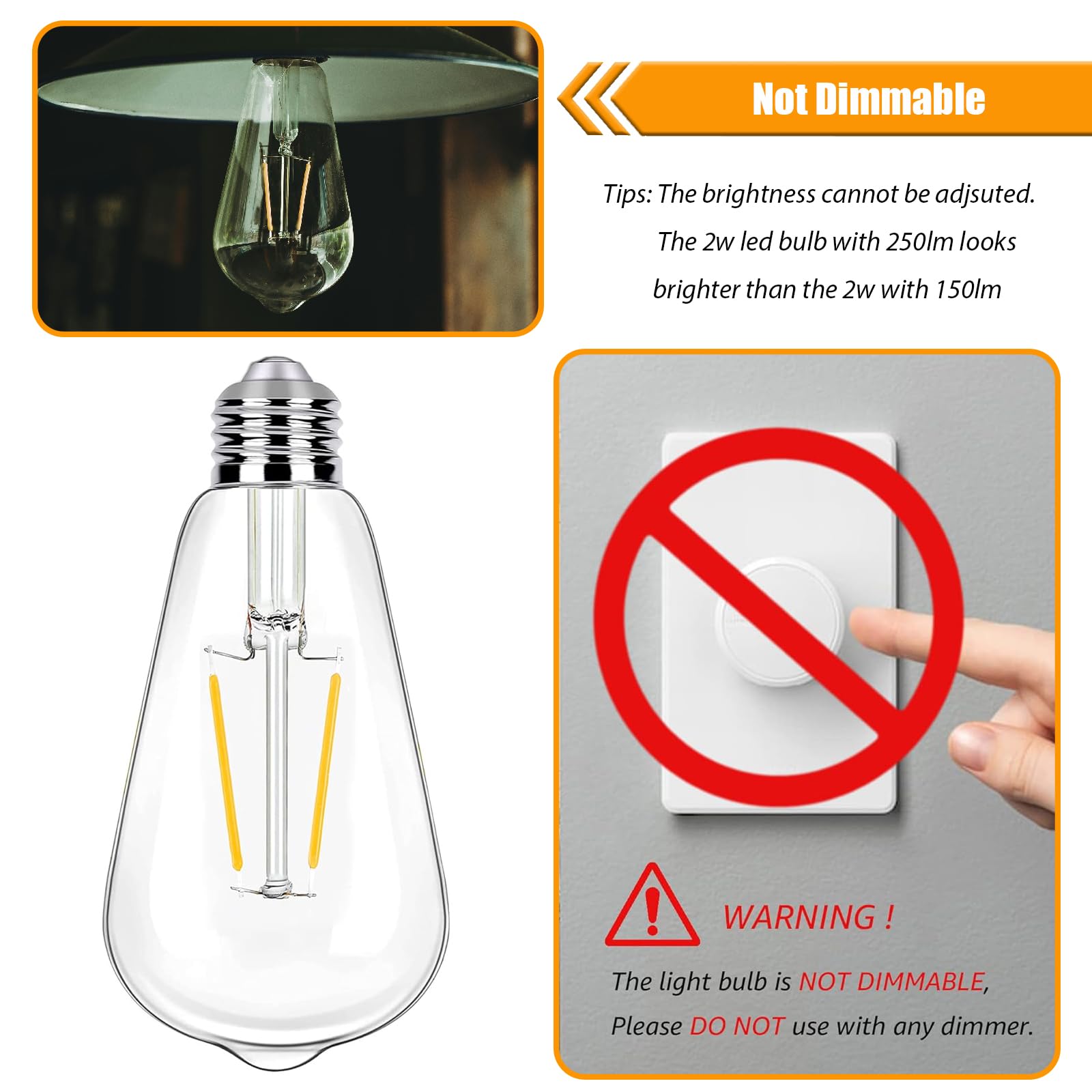 WIAONE winsaLED - Paquete de 12 bombillas LED Edison de 2 W, equivalente a bombillas de 25 W, 2700 K, blanco suave con base estándar E26, bombillas LED ST19 de bajo vatio, no regulables, 120 V