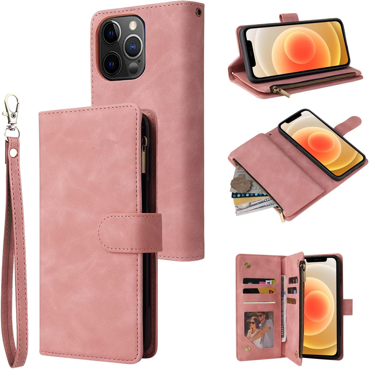 RANYOK Wallet Case Compatible with iPhone 13 Pro Max (6.7 inch), Premium PU Leather Zipper Flip Folio Wallet RFID Blocking with Wrist Strap Magnetic Closure Built-in Kickstand Protective Case (Pink)