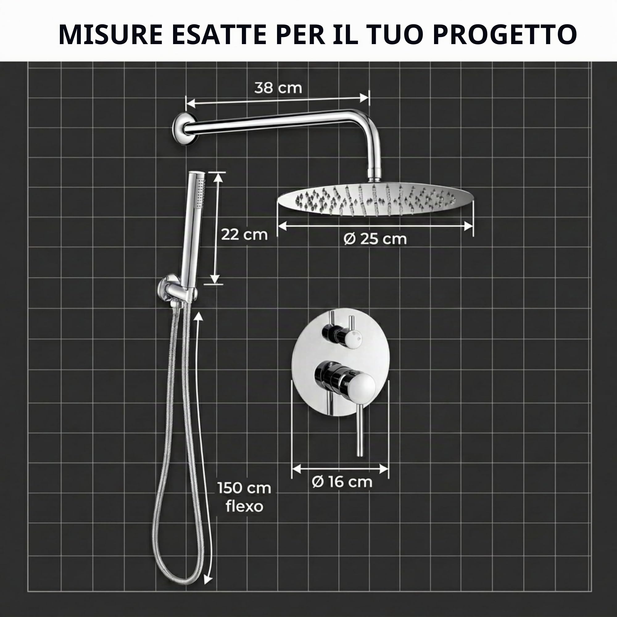 VALAZ Doccia Incasso Cromo | Miscelatore Doccia Incasso Spruzzatore Effetto Pioggia | Installazione a Parete Facile | Inossidabile, Rotondo, Spruzzatore 25 cm, Serie Jucar
