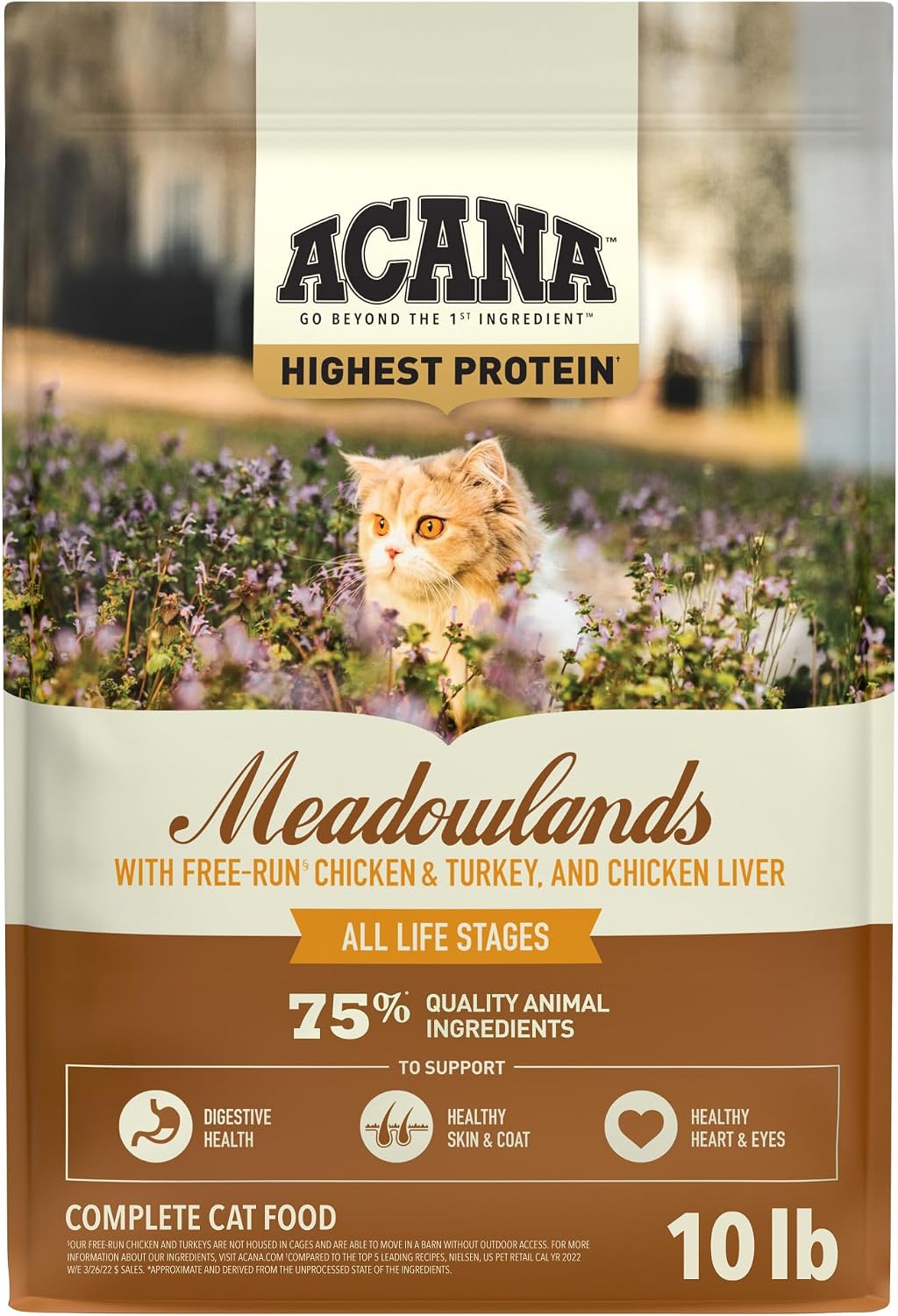 Grain-Free Dry Cat Food Meadowlands Recipe 10lb Bag | Grain Free, High Protein, Includes Probiotics, Digestive Health, Free-Run Poultry, World's Finest Ingredients