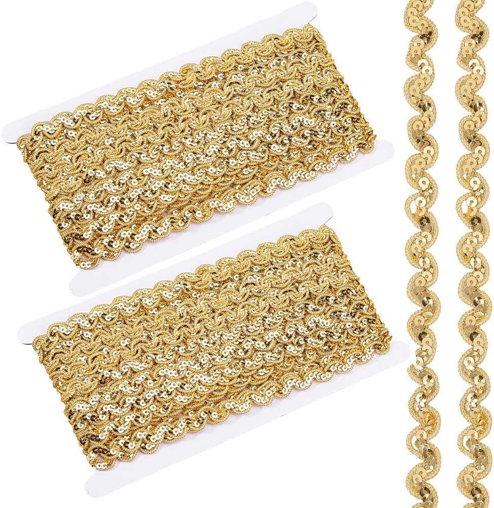 28.4 Yard 2 Roll Sewing Sequin Trim Gold Woven Braided Trimming Glitter Ribbon 12.5mm Wide Polyester Metallic Paillette Wave Ribbon for Crafts Embellishments DIY Sewing Costume