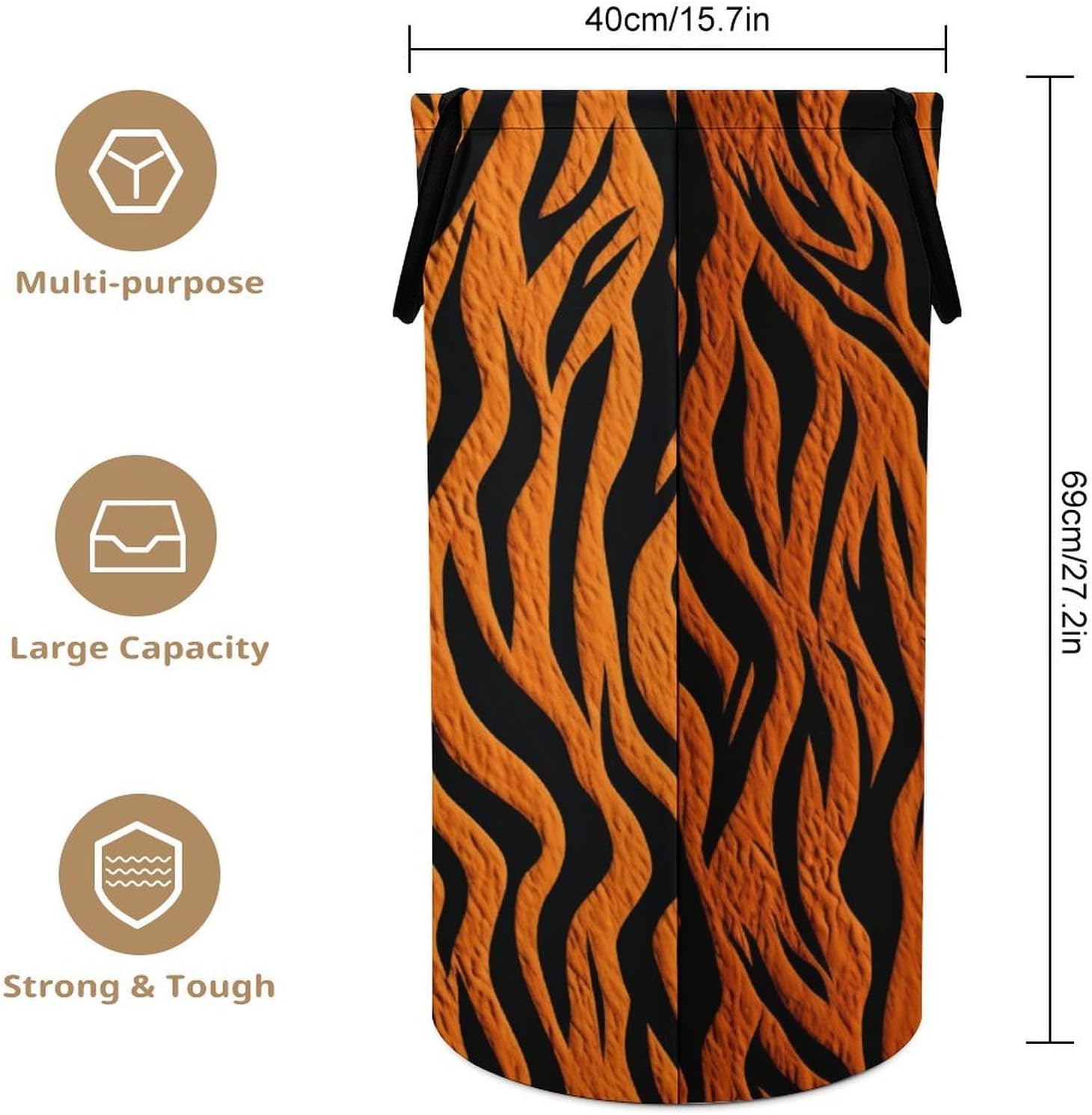 Large Laundry Hamper with Handles Tiger Stripes Orange Laundry Basket Freestanding Waterproof Clothes Hamper for Living Room Bedroom Bathroom College Dorm