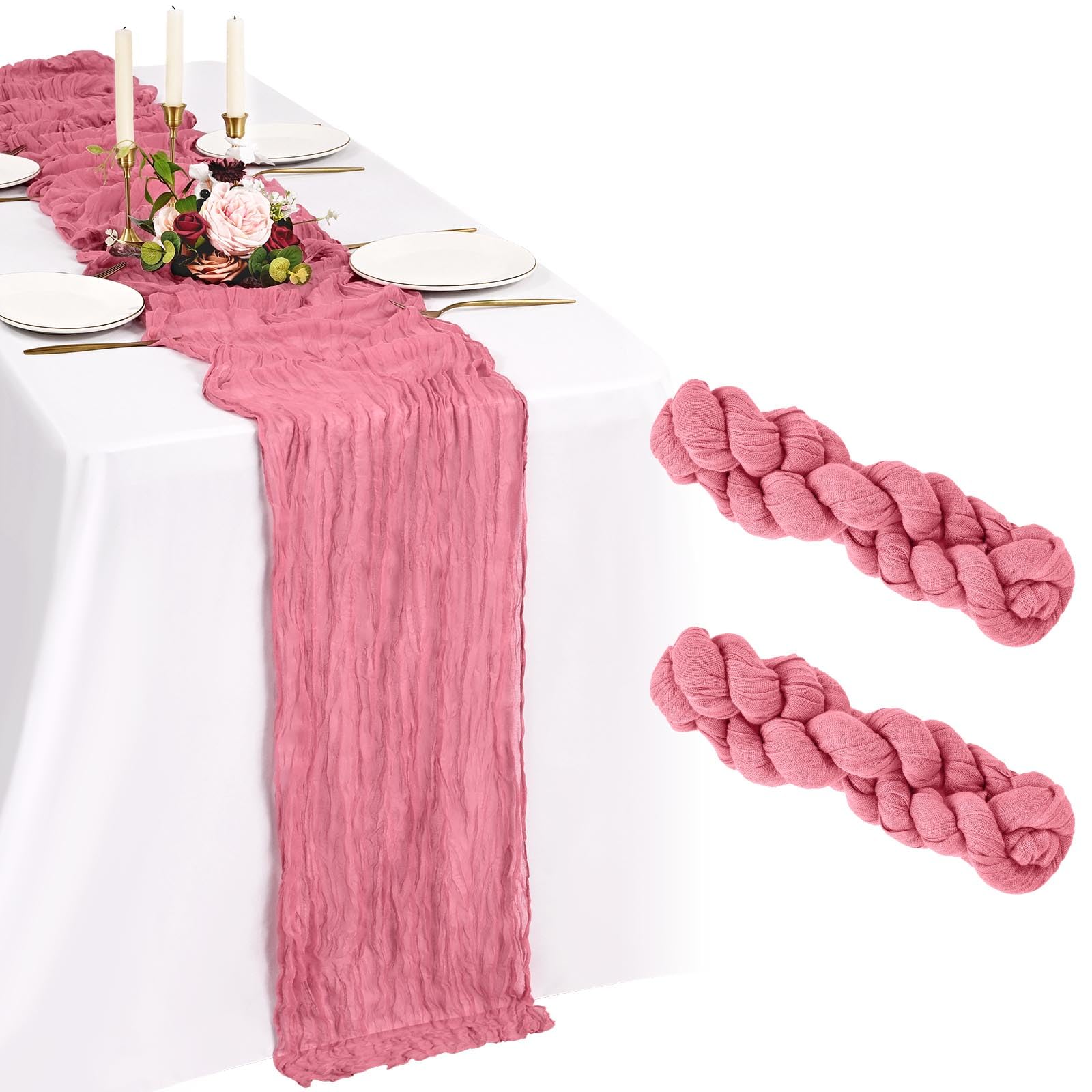 Showgeous 2 Pack Dusty Rose Cheesecloth Table Runner 10FT Boho Gauze Cheese Cloth Table Runners Romantic Rustic Sheer Table Decorations for Wedding Party Baby Shower Birthday Holiday Home