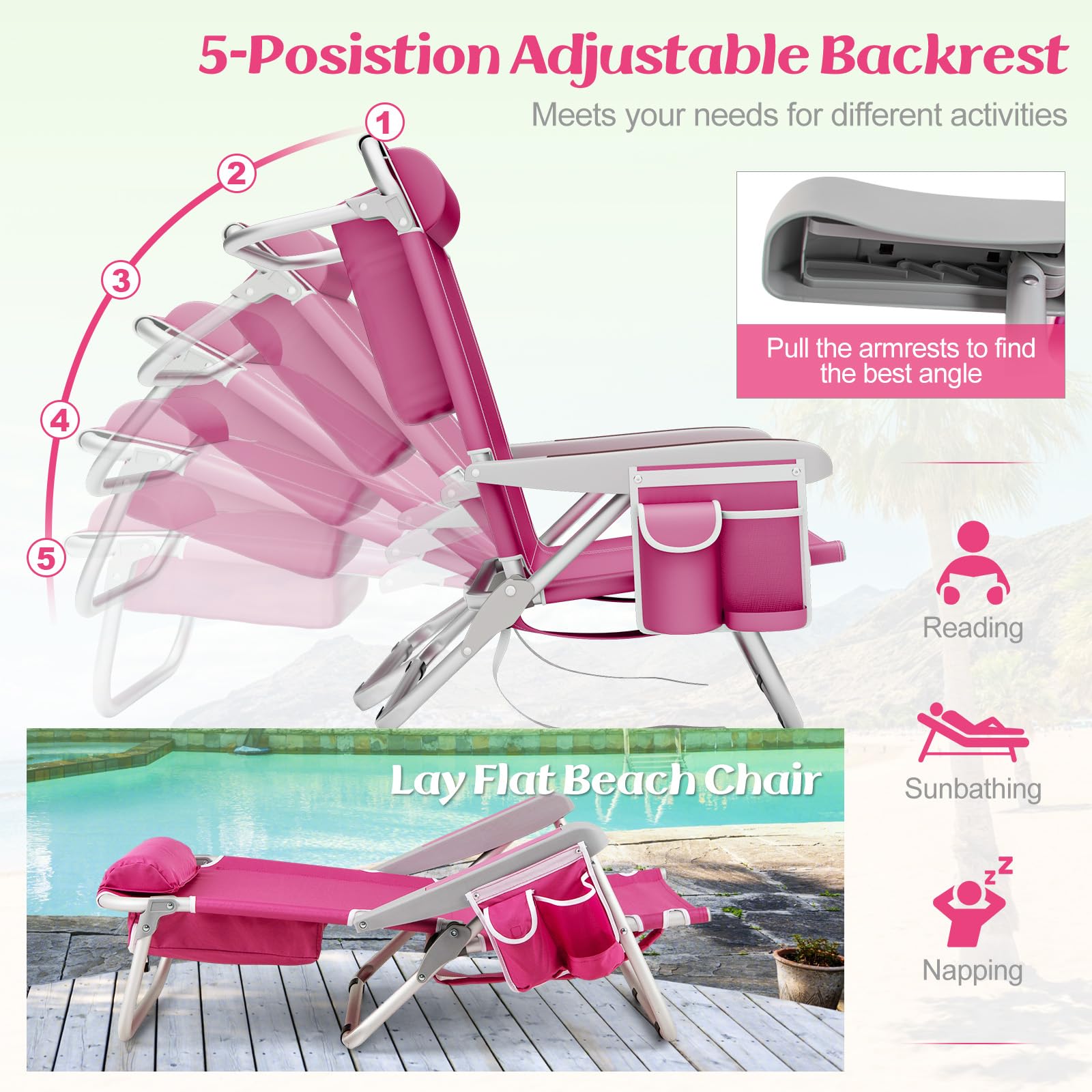 KOMFOTTEU Sedia da Spiaggia Pieghevole, Spiaggina con Schienale Regolabile in 5 Posizioni, Sdraio Mare con Poggiatesta, Lettino Prendisole con Tasca Laterale, Carico 150 kg，Rosa：1