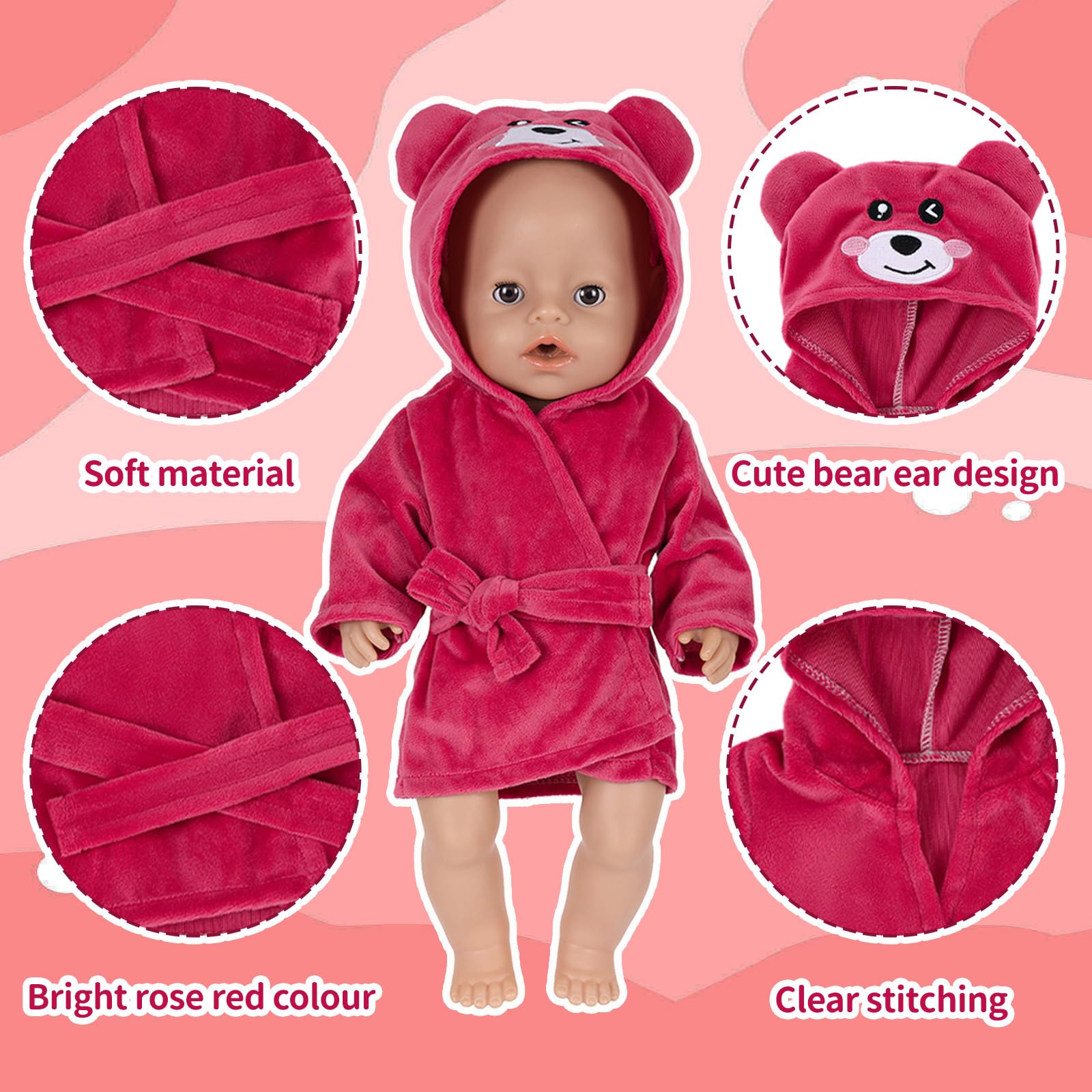 Babykleding voor poppen van 35 - 45 cm, roze beertjes, poppenkleding met pyjama, ondergoed voor poppen van 35-45 cm, 43 cm, verjaardagscadeau voor meisjes