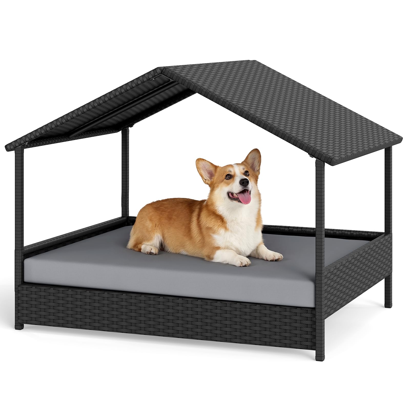 GYMAX Elevated Dog Bed, Raised Rattan Dogs House with Removable Cushion and Canopy, Indoor Outdoor Pet Shelter for Small Medium Dogs Cats (Grey+Black)