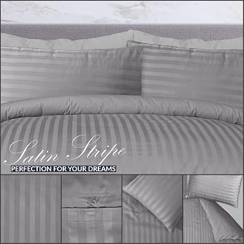 Sleepdown Premium Hotel Quality 100% Cotton Satin Stripe Duvet Cover Set with Pillowcases Quilt Bedding Soft Easy Care Luxury Bed Linen - Grey - Double (200cm x 200cm)