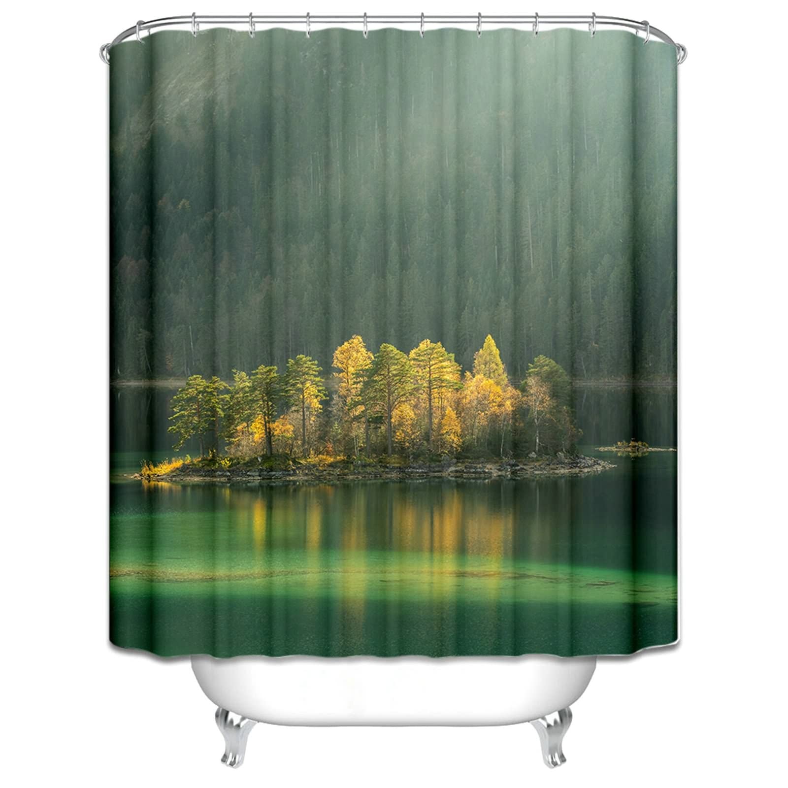 Zasłony do wanny do łazienki, 150 x 180 cm poliester, drzewa i jezioro, zasłona prysznicowa, tkanina z haczykami, zielona
