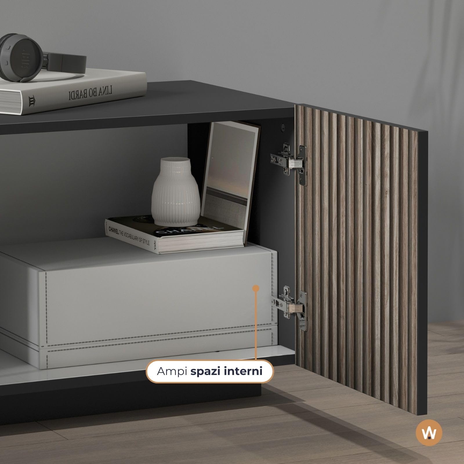 WHOUS Mobile Porta TV COSTE per Soggiorno con 4 Ante e 1 Cassetto, Mobile Tv in Stile Canneté per Salotto in Legno, 220,1x43x46 cm, Antracite Opaco e Legno Scuro