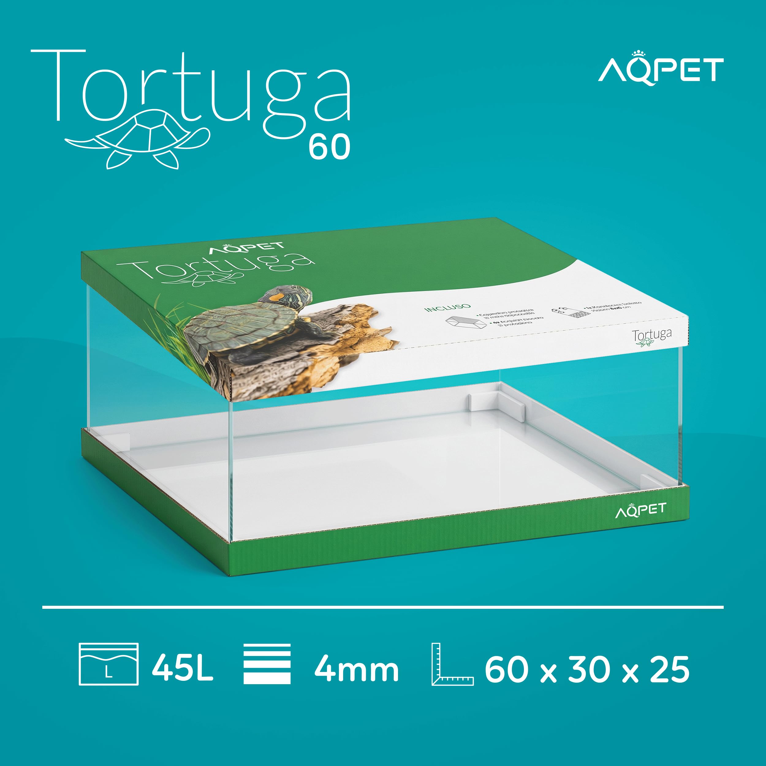AQPET Tartarughiera in Vetro con Coperchio E Isola per Tartarughe d'Acqua Tortuga, 60 60x30x25 cm 45 Litri