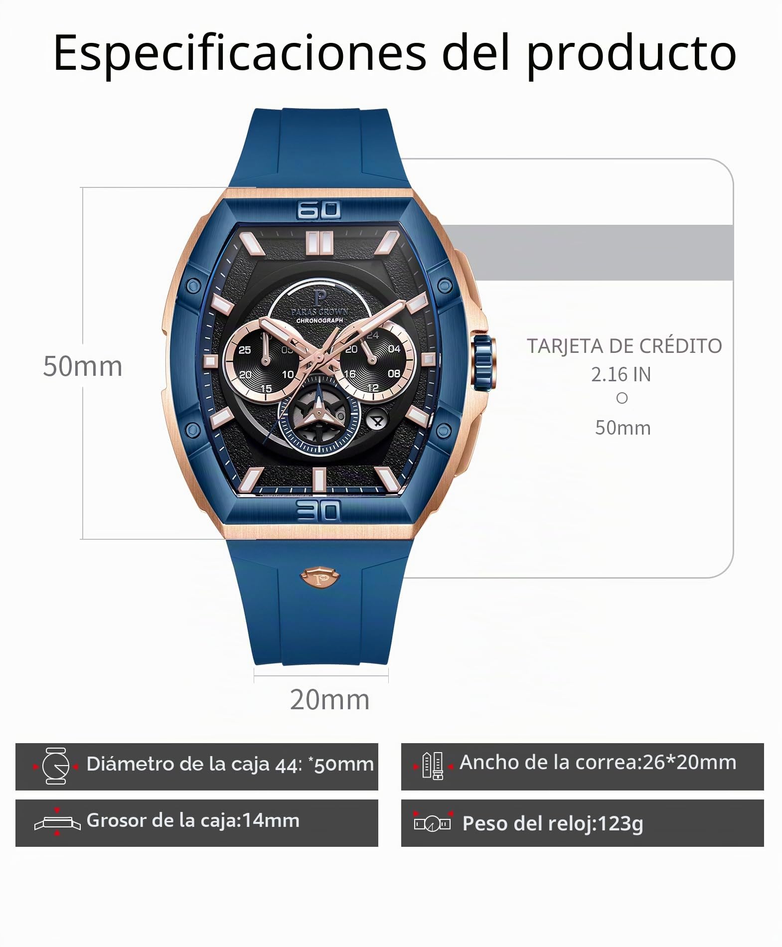 PC PARAS CROWN Reloj Hombre de Cuarzo Cronógrafo con Movimiento Japonés 5ATM Caja Tonneau de Acero Inoxidable Correa de Silicona