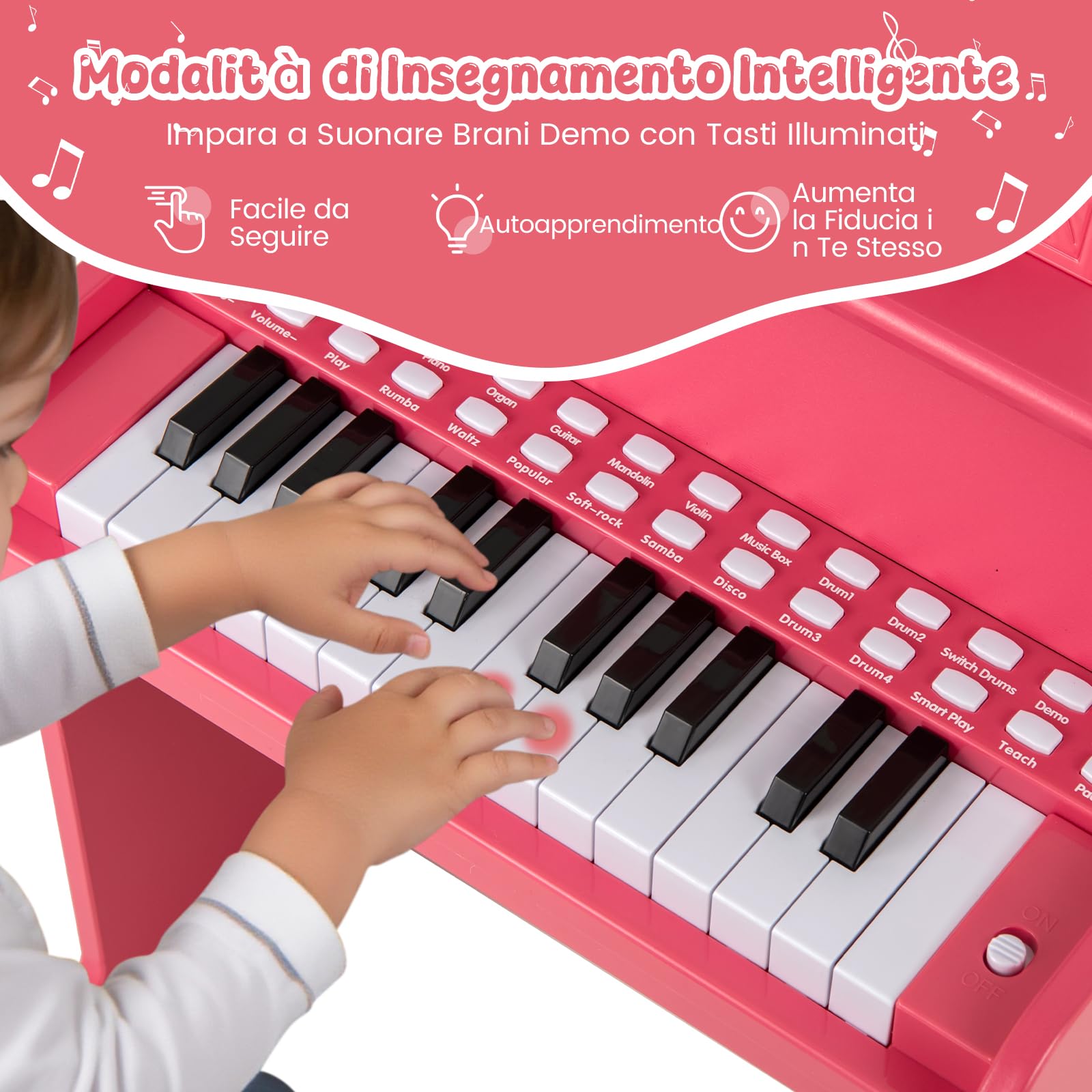 GYMAX Pianoforte Digitale in Legno per Bambini, Tastiera a 25 Tasti con Leggio, Sgabello, Tasti Illuminati, Modalità Didattica, 6 Strumenti e 8 Percussioni, Strumento Musicale (Rosa)