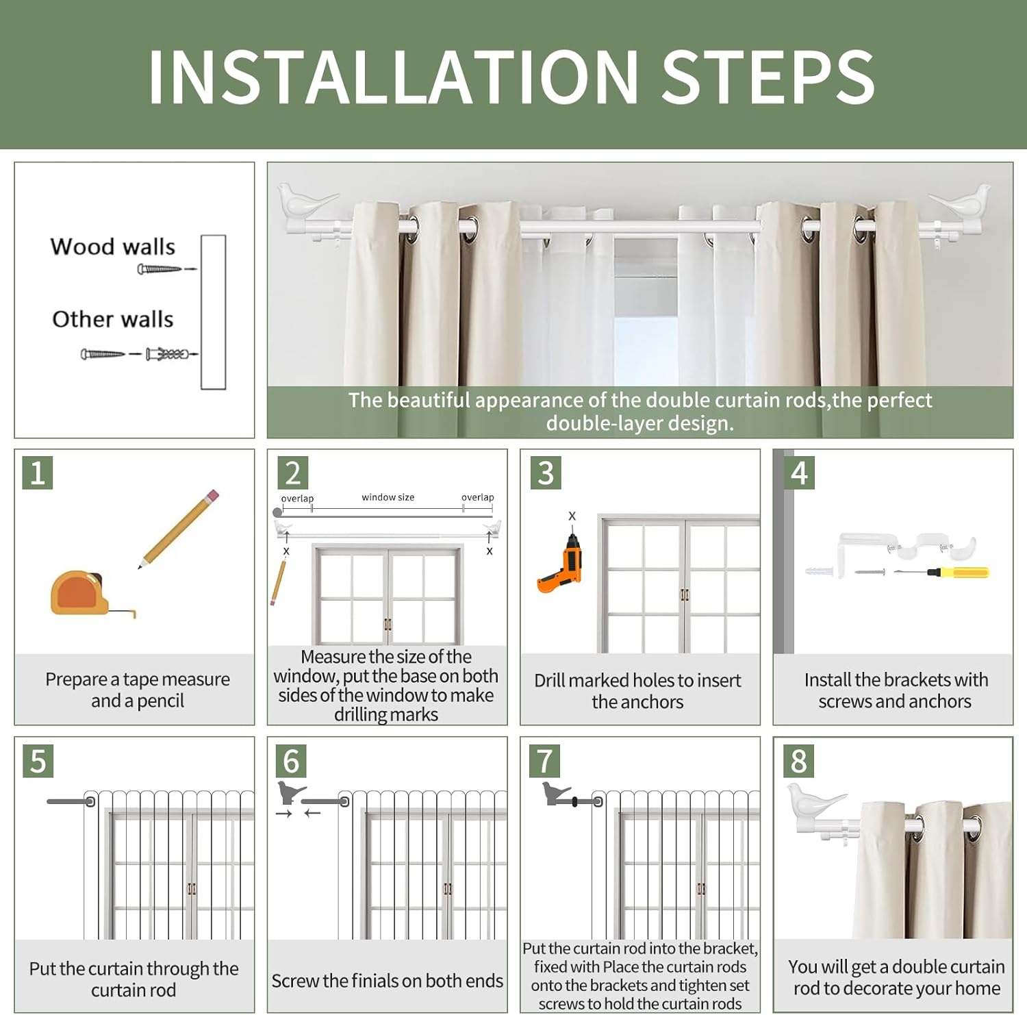 MERIVILLE 3/4" Diameter Farmhouse Double Window Treatment Curtain Rod, Bird Finials (48"-84", Glossy White)