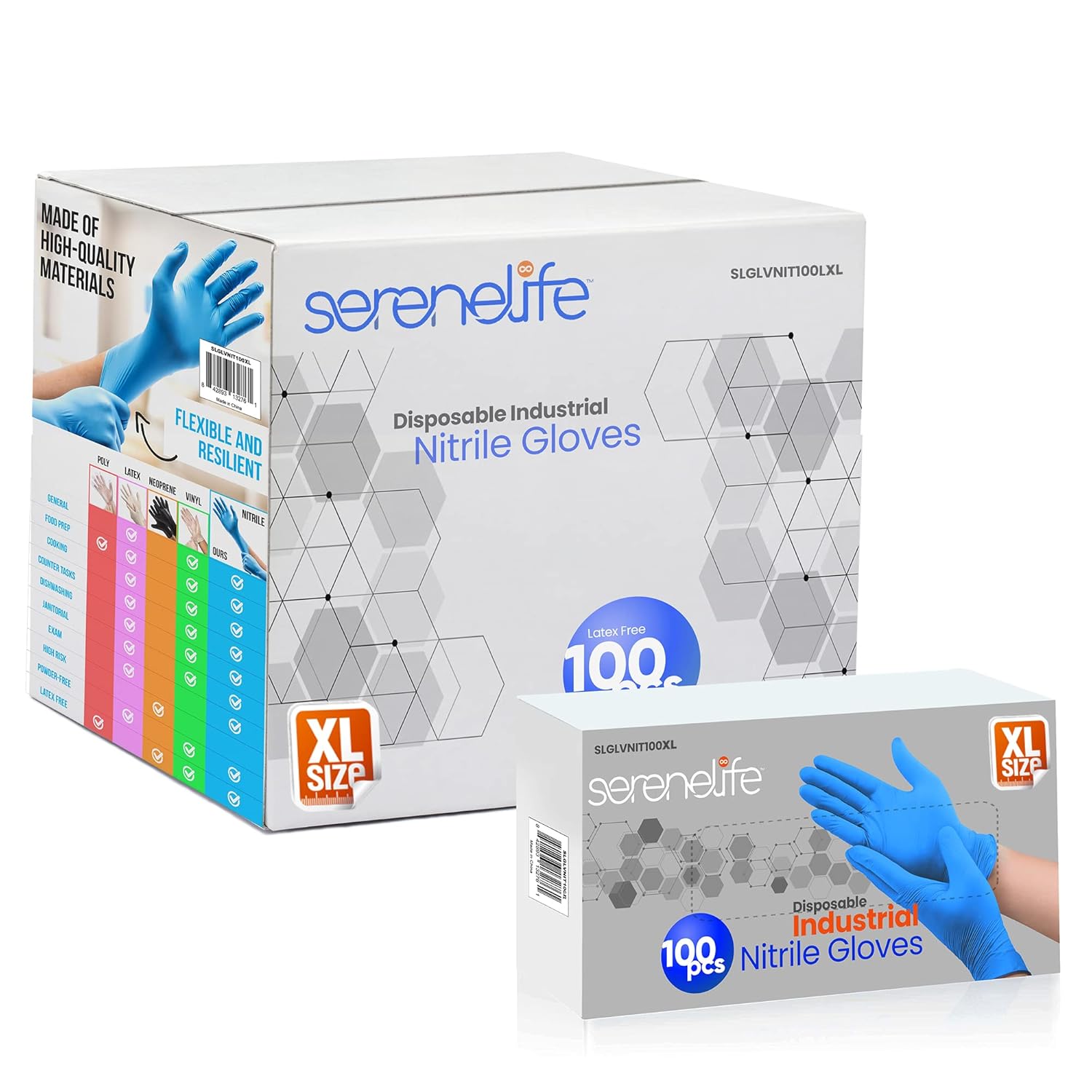 SereneLife Extra Large Size Nitrile Disposable Latex & Powder Free Gloves - Great for Kitchens, Food Handling & Cleaning Supplies - Soft & Comfortable fit - Vinyl & Nitrile blend - 1000 Pack