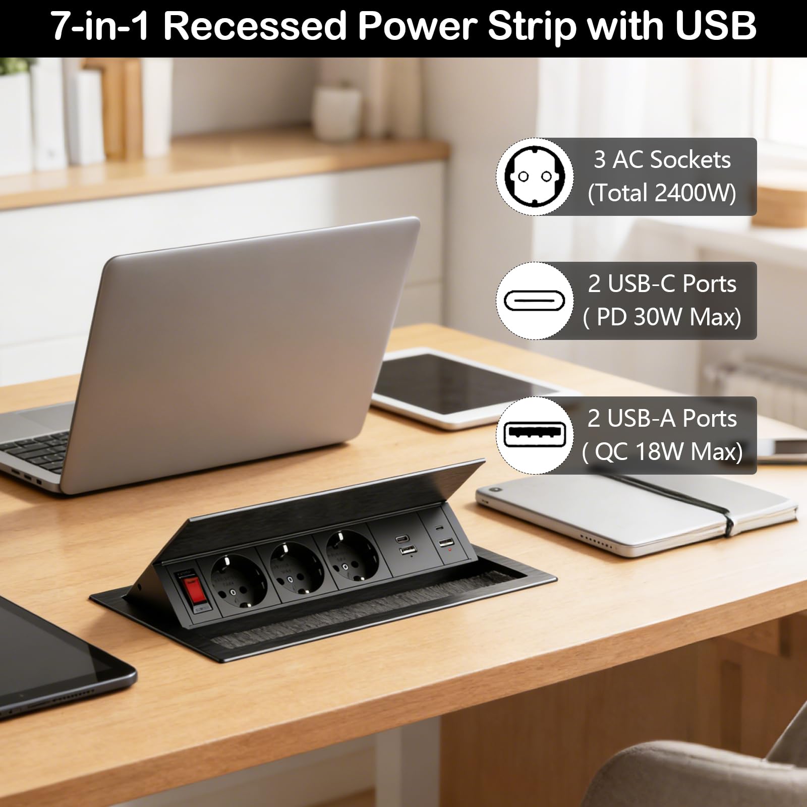 3 Fach Versenkbare Steckdosenleiste mit 2 Type-C PD 30W und 2 USB, Aluminium Einbausteckdose Versenkbar mit Schalter,Tischsteckdose Winkel Verstellbar für Küche, Arbeitsplatte,1,8M Kable