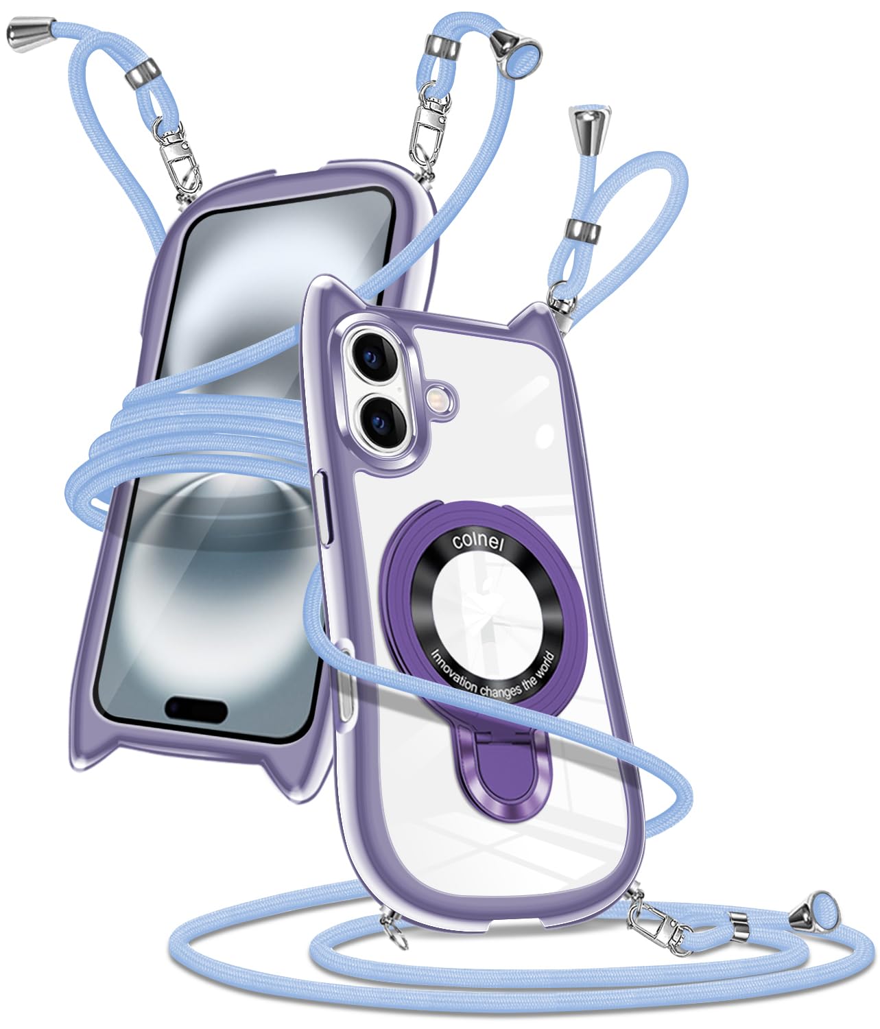 GULEIYAA iPhone 16 ケース クリア TPU メッキ 背面は透明で 猫耳デザインで 可愛くてファッション的な iPhone 16 のスマホケースです ネックストラップ付きで 首に掛けることができます 縦横どちらでも映像視聴に対応しており 落下を防ぎ 黄変にも強いです