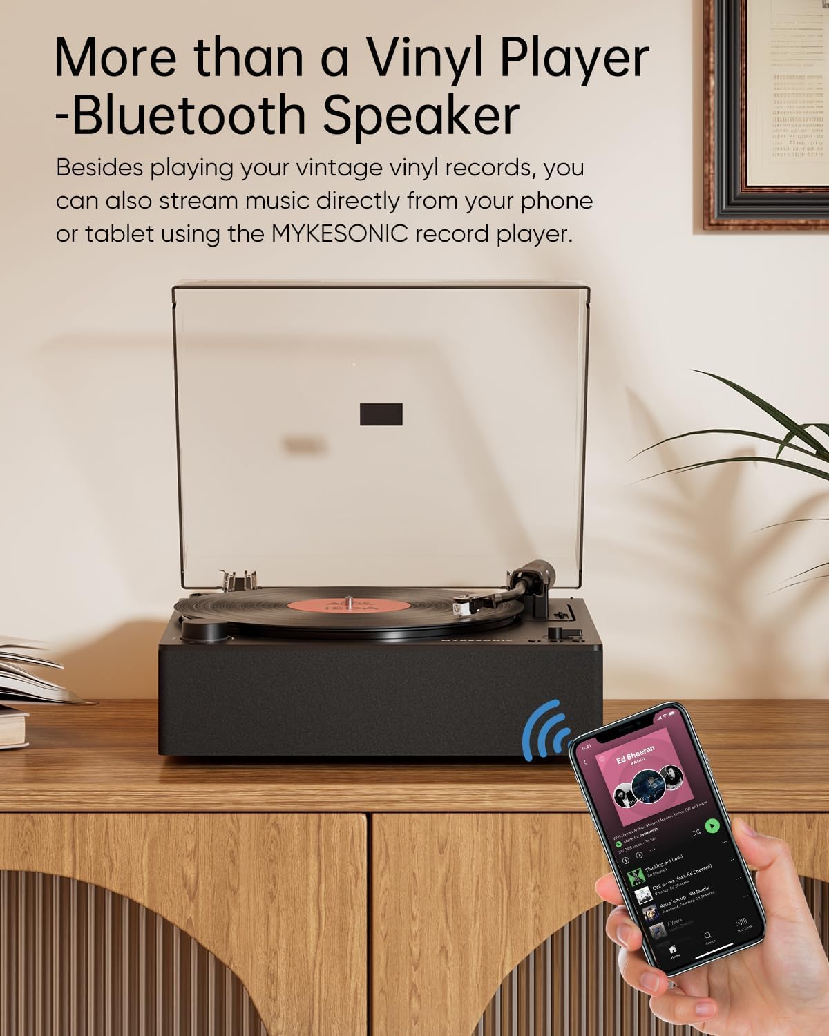 MYKESONIC Automatic Record Player, Bluetooth Belt Drive Vinyl Turntable, Magnetic AT-3600L Cartridge, Bluetooth in & Out, Hi-Fi Stereo Speakers, Aux in Headphone, RCA Out with Remote Control
