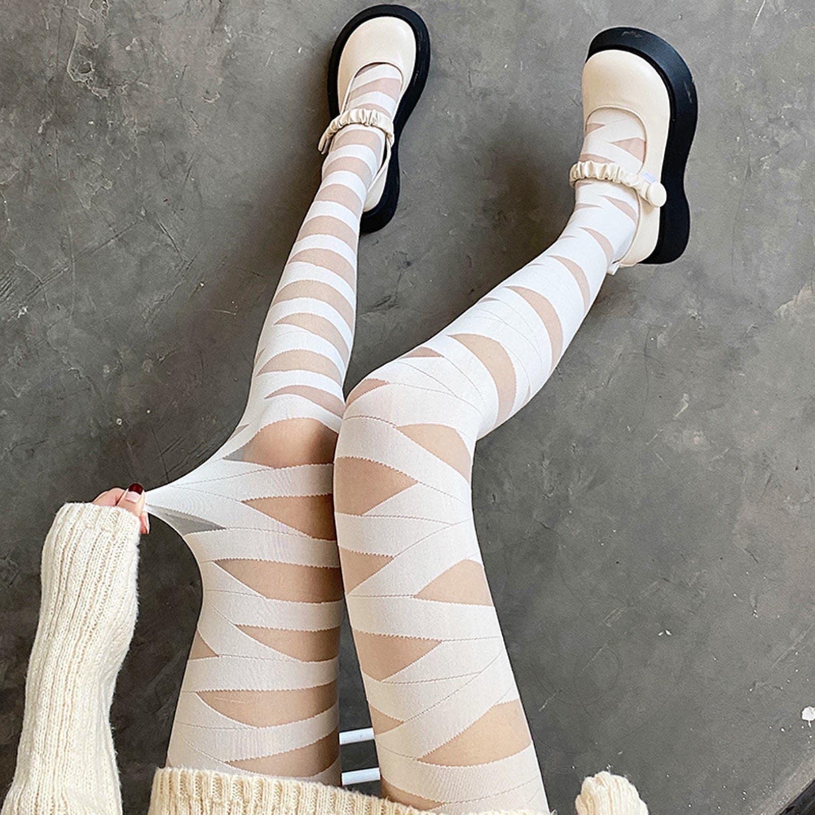 OFFILICIOUS Medias huecas de alta elasticidad, ajustadas, vendaje entrecruzado, piñas, calcetines negros, medias penetrantes en la piel para mujer