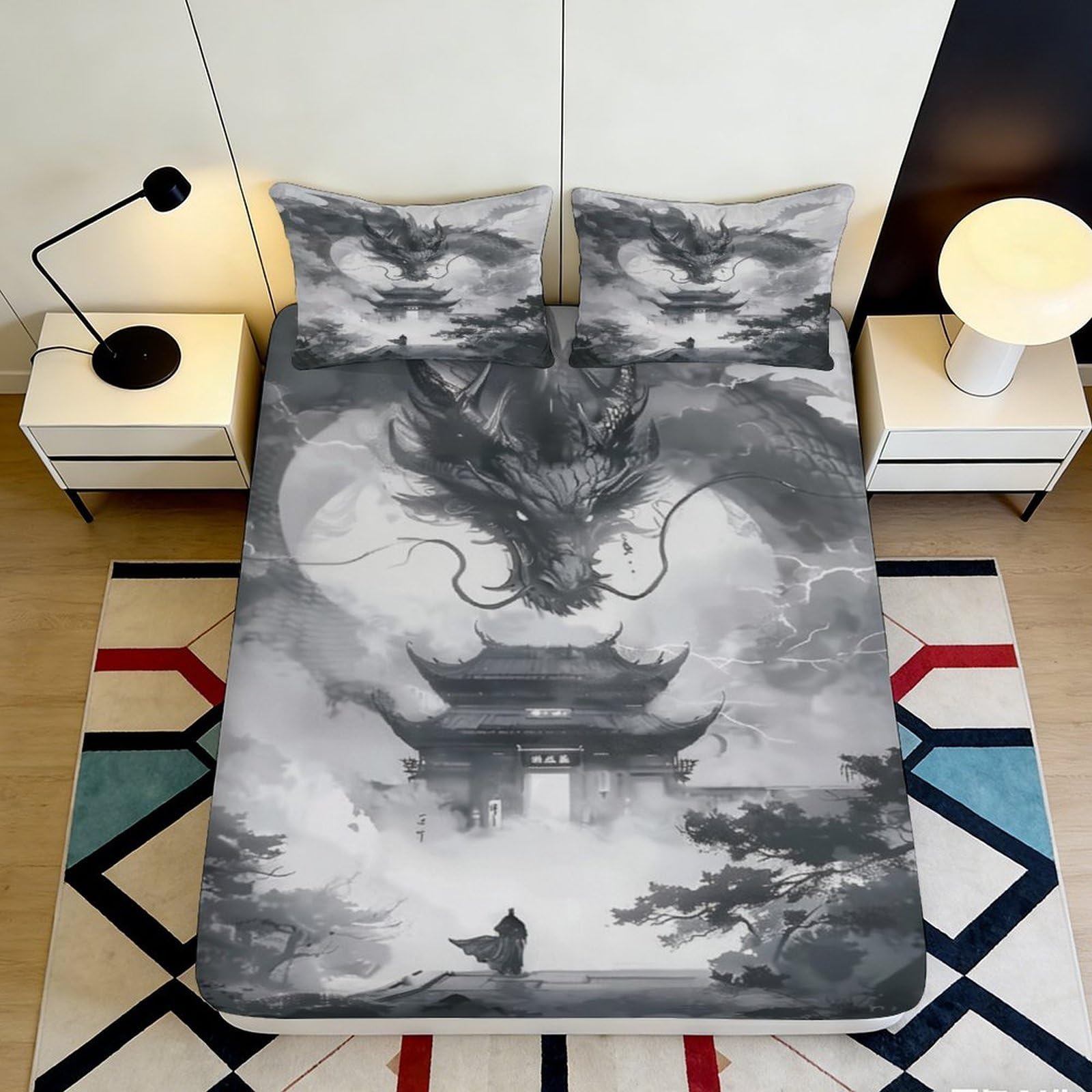 3D Printed Dragon Black Gray Fitted Sheet Microfiber Soft Breathable Oriental Temple Bed Cover for Bedroom Dormitory Guest Room Mattress Protection Decor 200x200x25cm