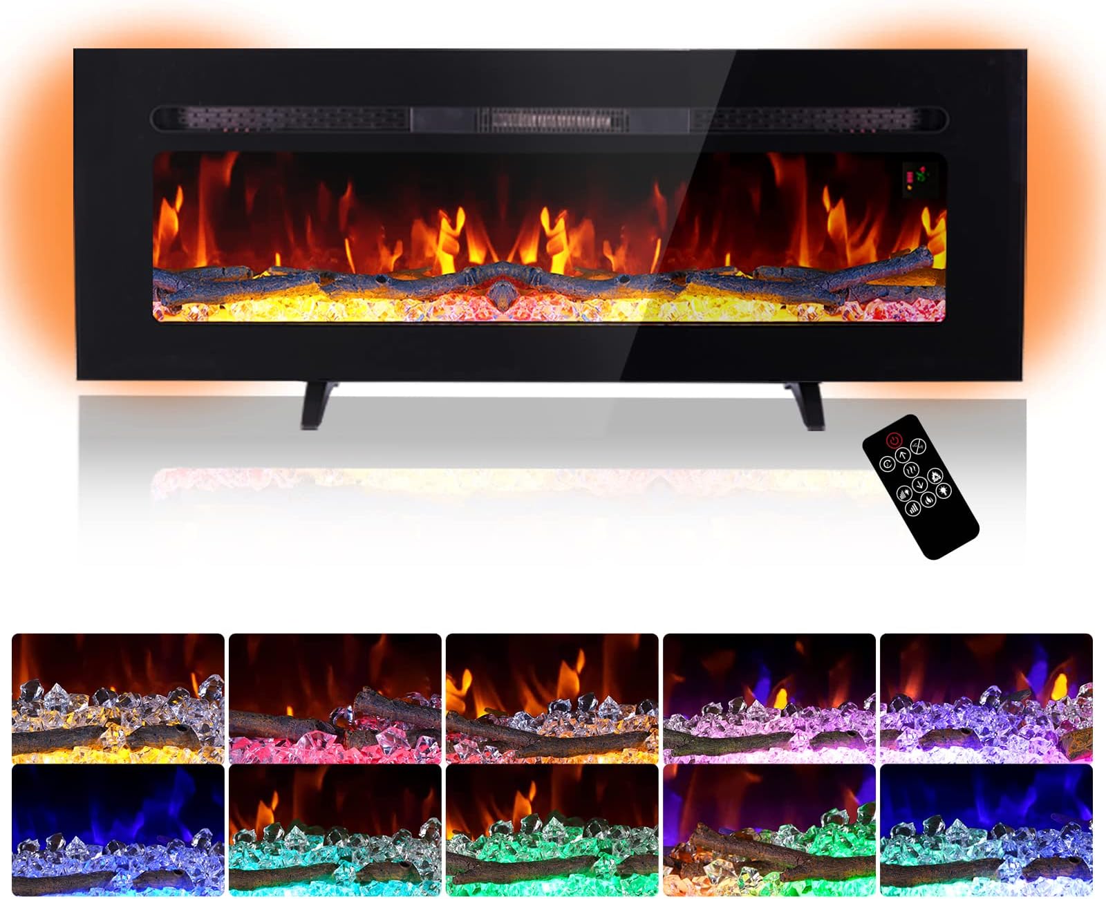 ELONG HOME 50'' Electric Fireplace, 10 Backlight Colors Fireplace Insert with Remote Control, 1500W Freestanding/Wall Mounted Electric Fireplace Inserts with Artificial Log & Crystal