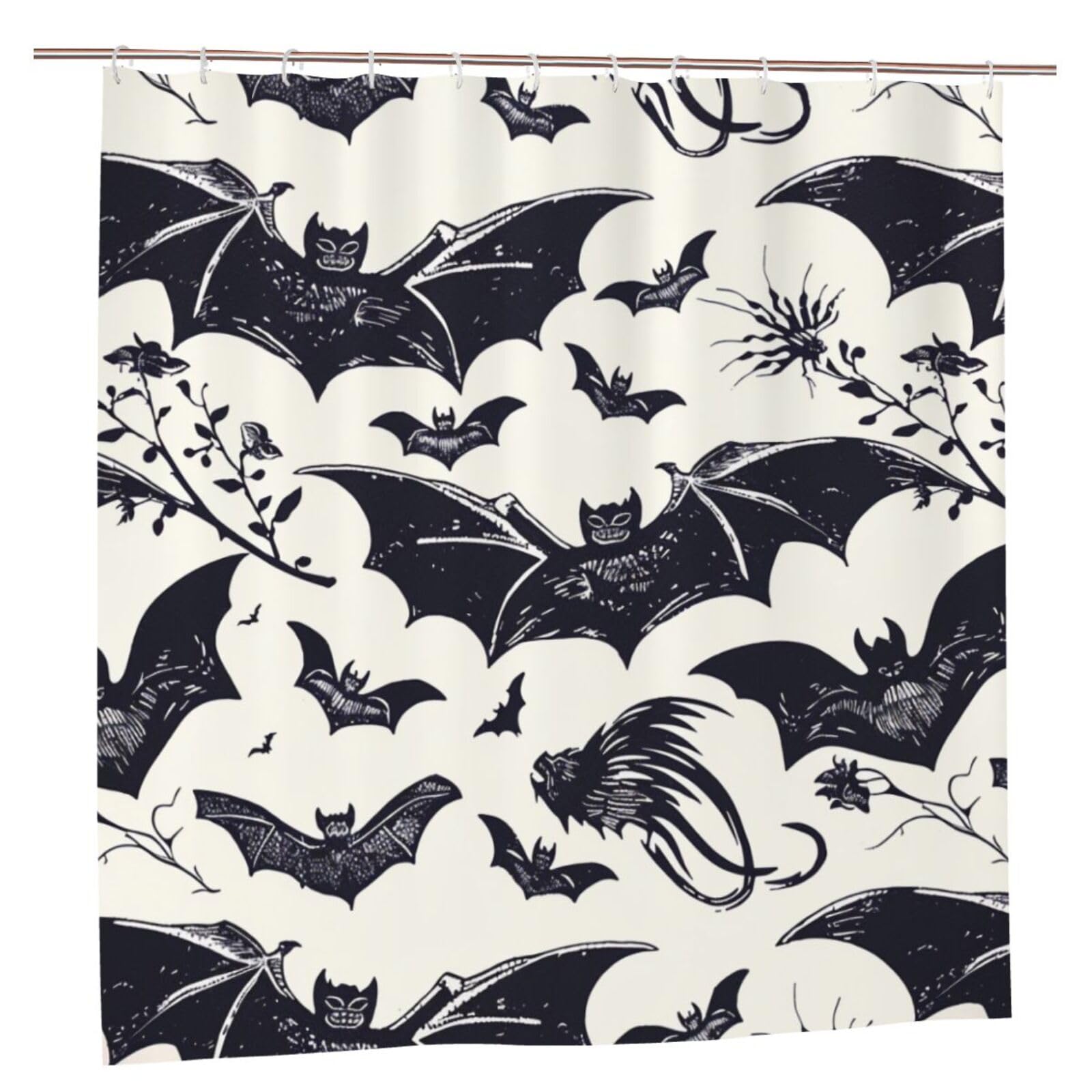 BWWHCCTI Bat pattern Printed Shower Curtain With 12 Plastic Hooks Opaque Quick Drying Waterproof Shower Curtains Sets For Bathroom 183x183 CM