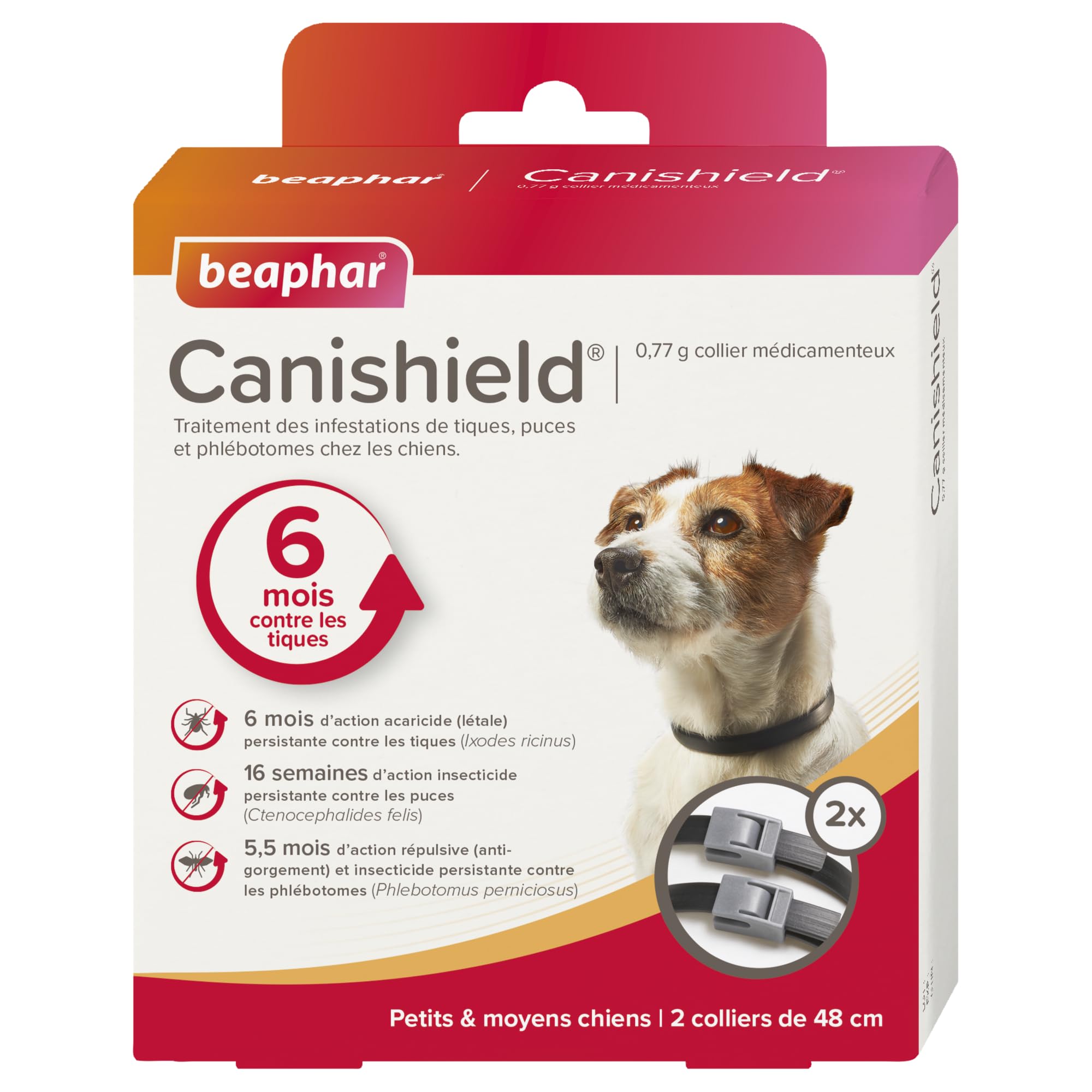 Beaphar - CANISHIELD 0,77 g – Lot de 2 Colliers antiparasitaires pour Petits et Moyens Chiens – Substance Active : Deltaméthrine - Agit Contre Les tiques, Les puces, Les phlébotomes – 48 cm