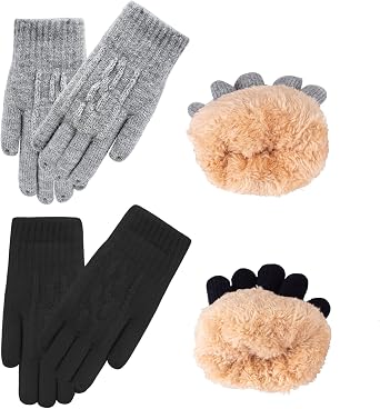 FENELY 2 Pairs Kids Winter Knit Gloves Boys Girls Warm Thermal Cable Knitted Gloves 2-6-10-14 Year Wool Fleece Lined Mittens