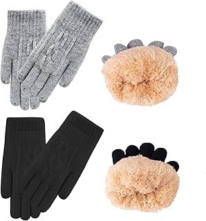 Kids Winter Knit Gloves Boys Warm Thermal Cable Knitted Gloves 6-10 Years Black Grey Wool Fleece Lined Mittens for Cold Weather