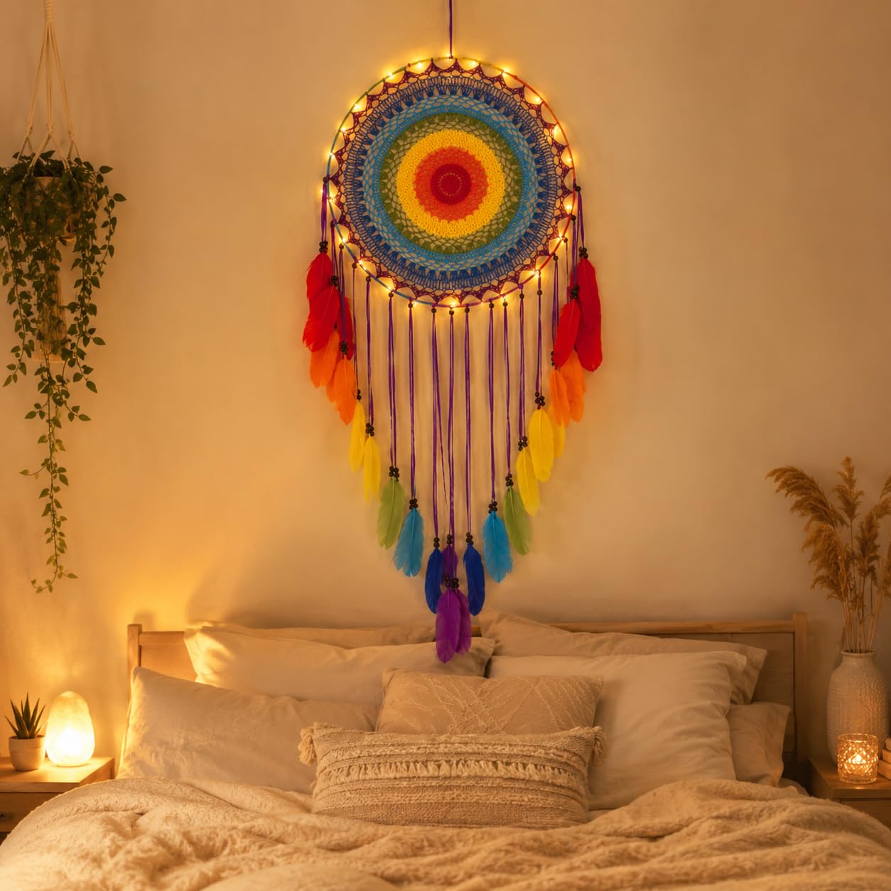CHICIEVE Dream Catcher Bohemian Colourful Rainbow Feather for Bedroom Wedding Party Ornaments- 13.8" Diameter - 43.3" Length-image-27