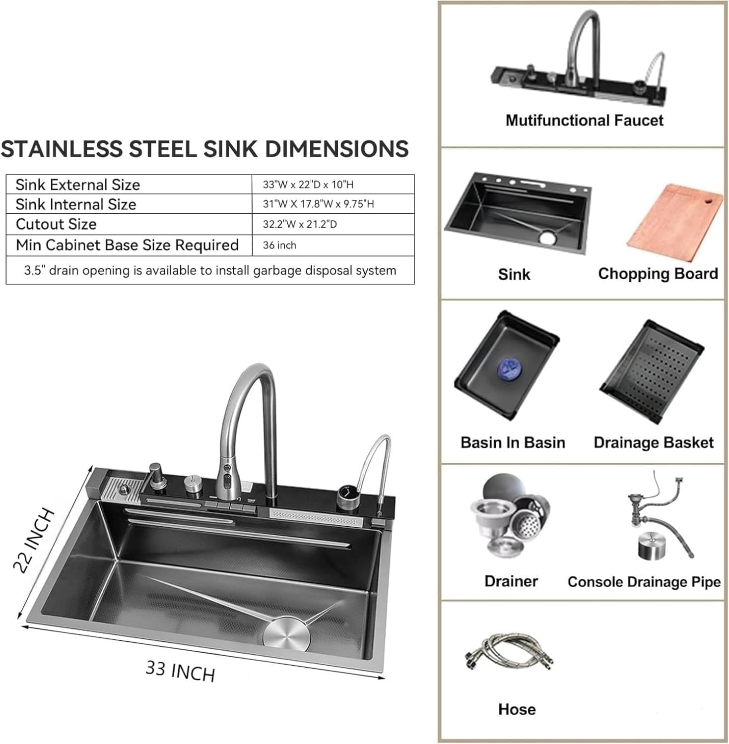 33x22 Inch Nano Black Kitchen Single Bowl Sink With Flying Rain Waterfall, Integrated Workstation, Pull-Out Tap, Drain Basket, Two Waterfalls (33 * 22 * 10 Inch)