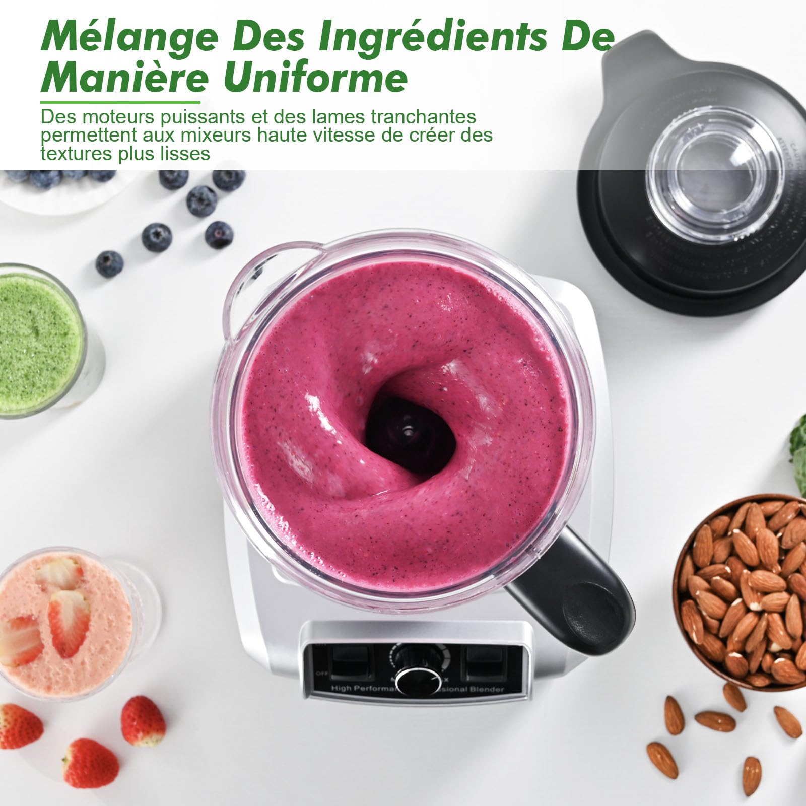Kitchen in the box Blender Professionnel 2L, Mixeur électrique 1500W Haute Performance, Le choix pro des cuisines familiales, Lames premium à 8 points, Smoothie parfait en 30s, Glace Pilée (Argent)